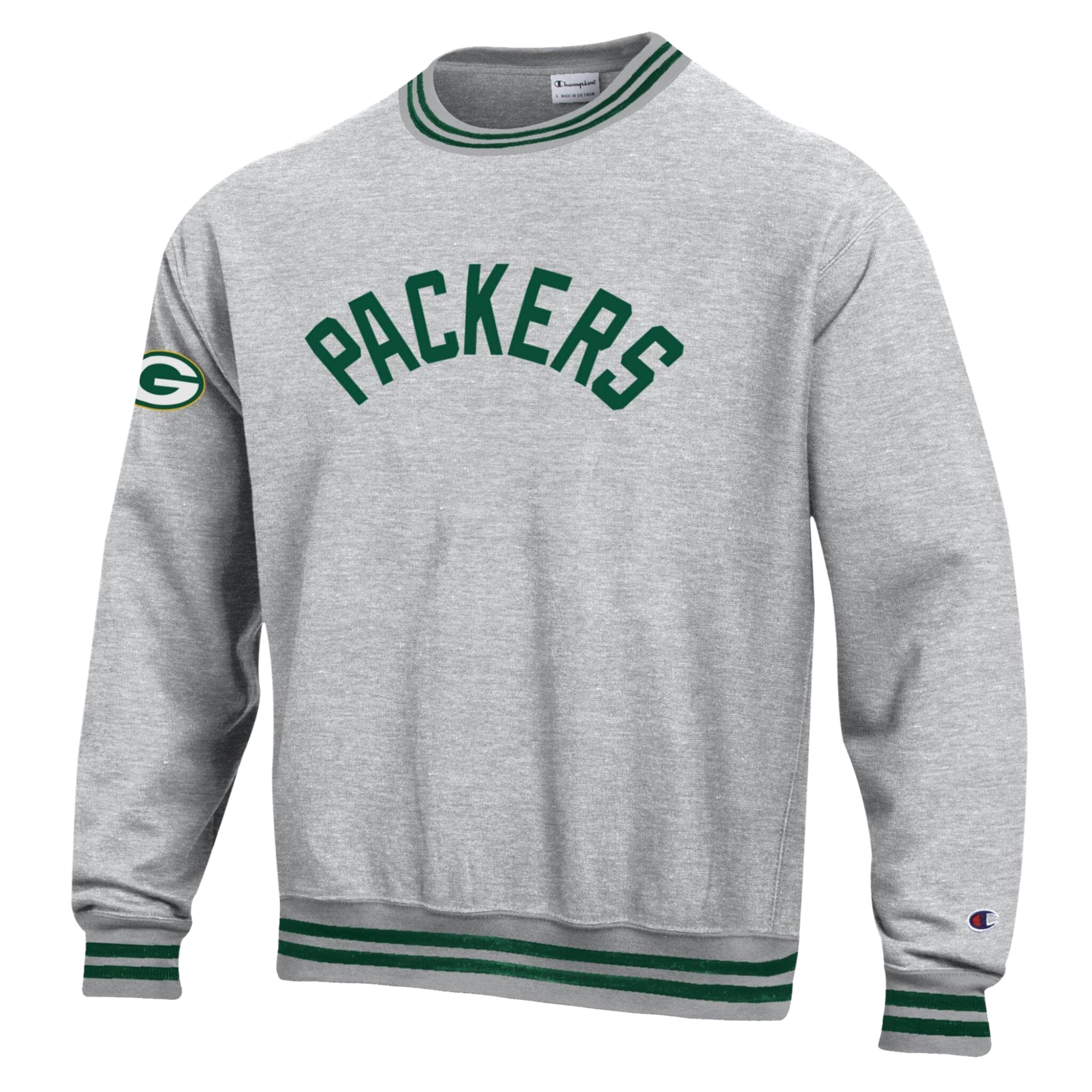 Men's Champion Heather Gray/Green Green Bay Packers Reverse Weave Yarn Dye Sweatshirt