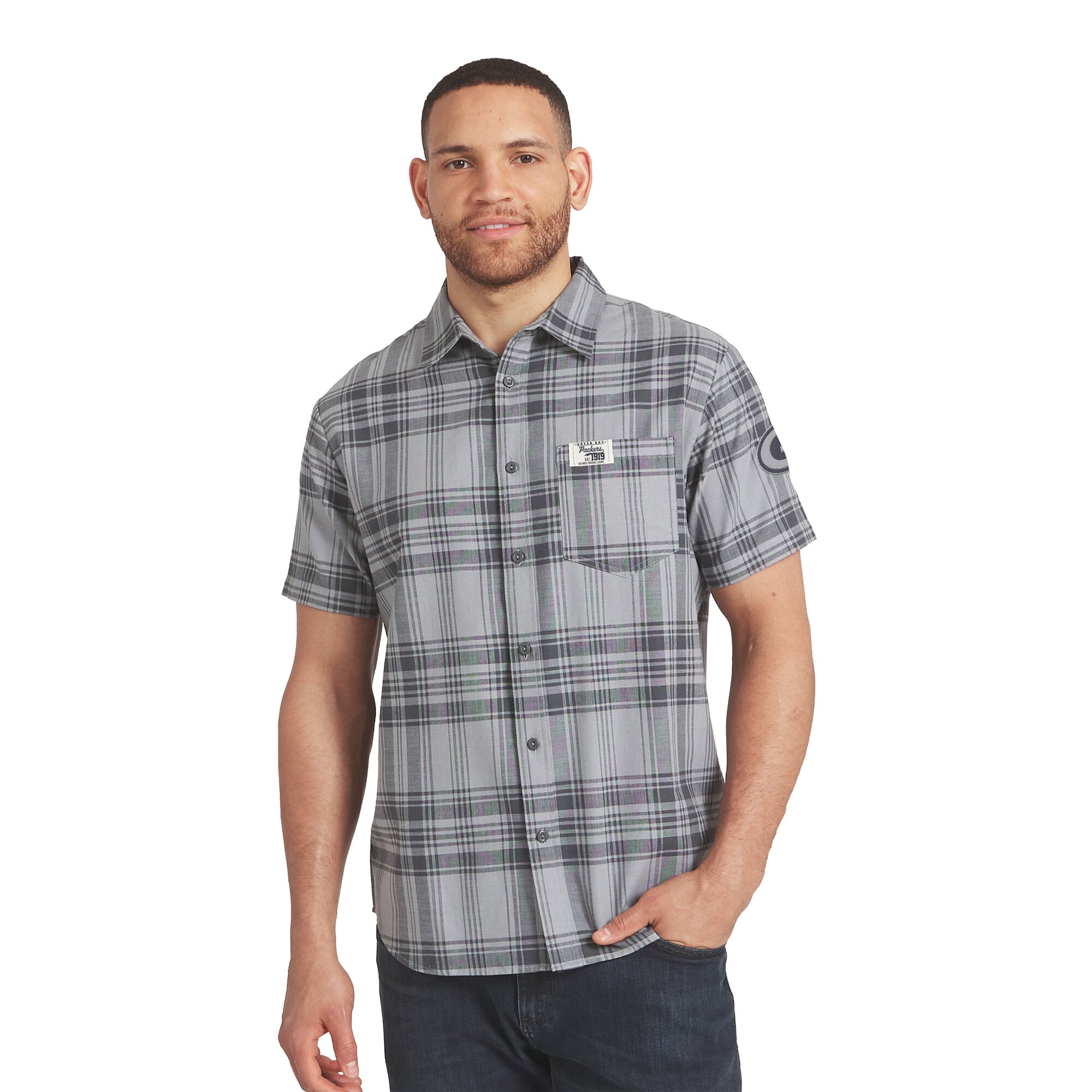 Men's Darius Rucker Collection by Fanatics Gray Green Bay Packers Woven Short Sleeve Button-Up Shirt