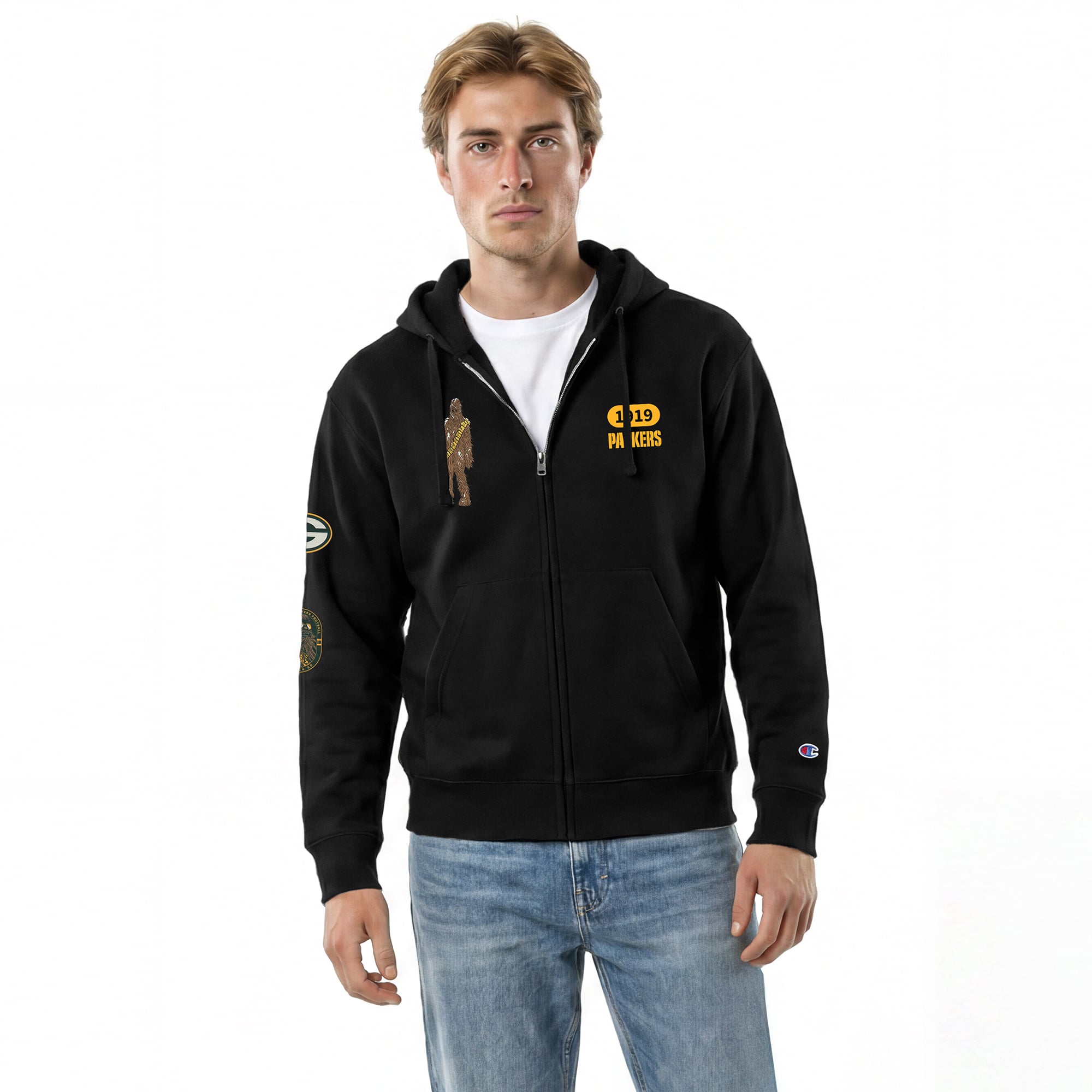 Men's Disney x Champion Black Green Bay Packers Chewbacca All-Star Full-Zip Hoodie