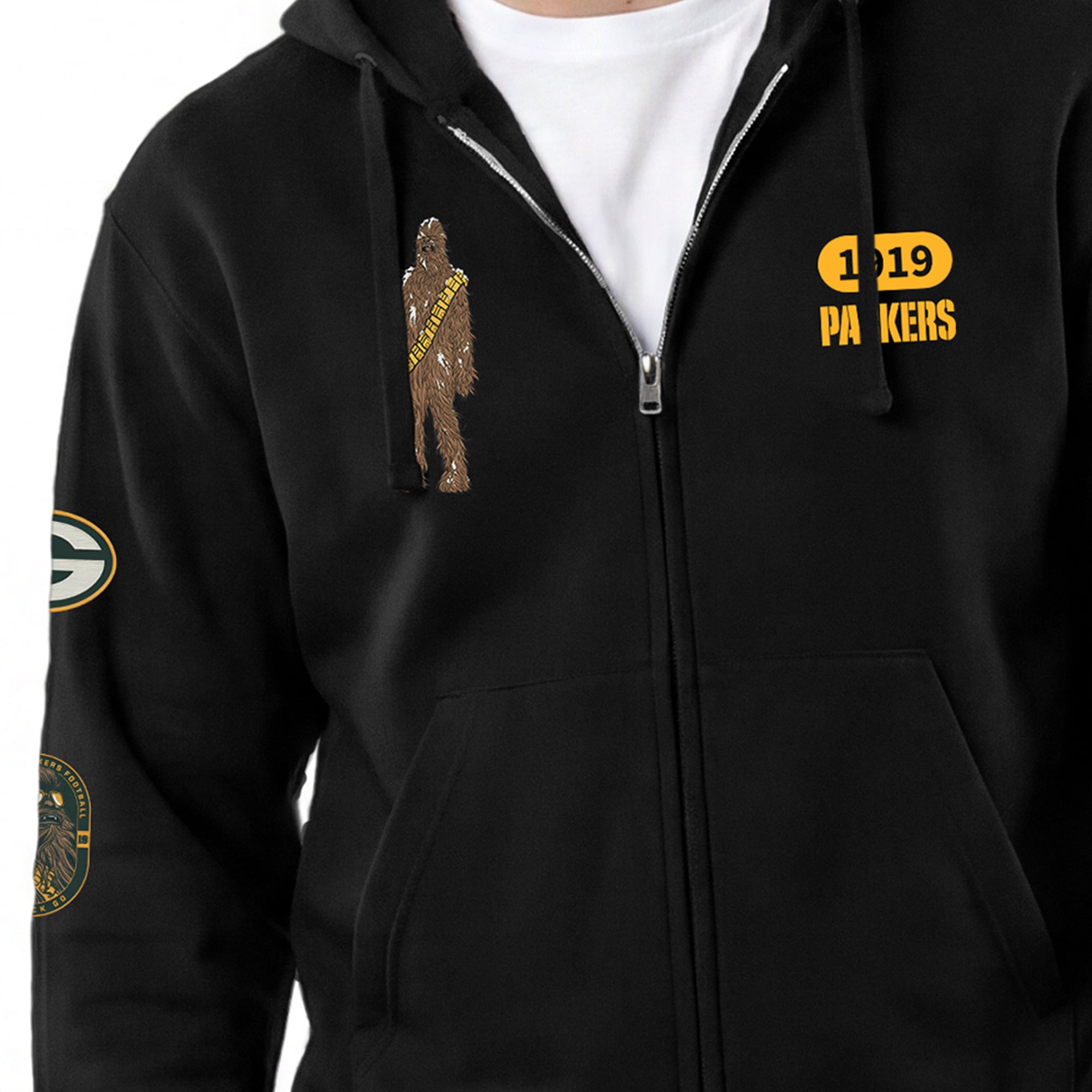Men's Disney x Champion Black Green Bay Packers Chewbacca All-Star Full-Zip Hoodie