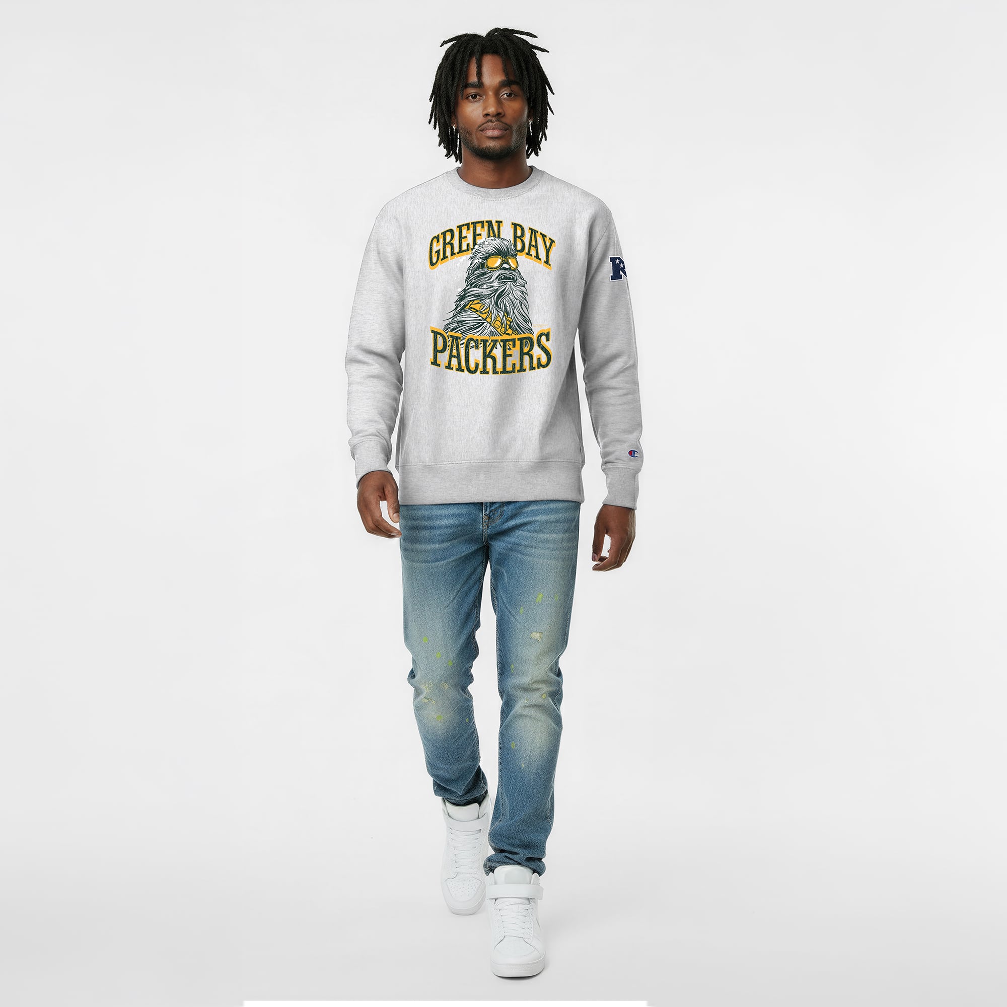 Sweat-shirt homme Disney x Champion gris chiné Green Bay Packers Chewbacca Reverse Weave