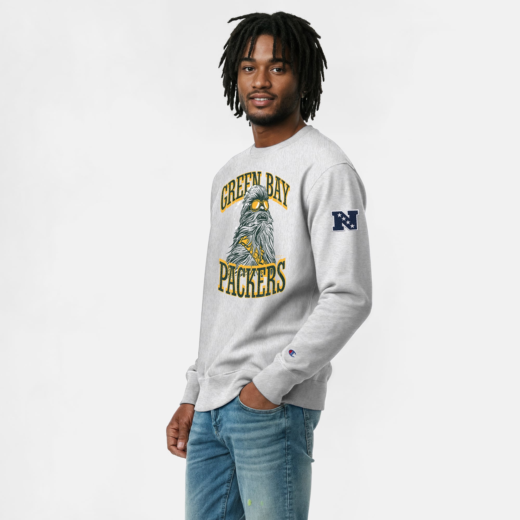 Sweat-shirt homme Disney x Champion gris chiné Green Bay Packers Chewbacca Reverse Weave