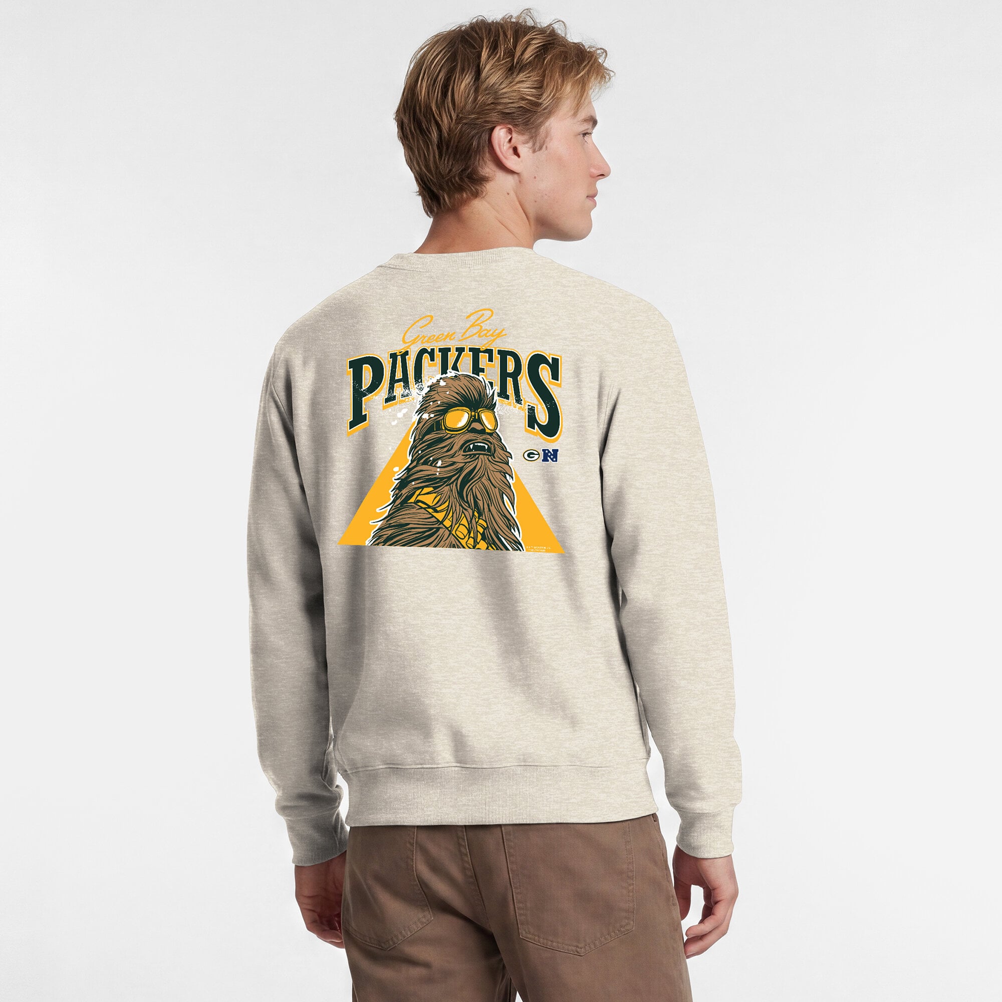 Men's Disney x Champion  Oatmeal Green Bay Packers Powerblend Left Chest Fullback Crew Sweatshirt