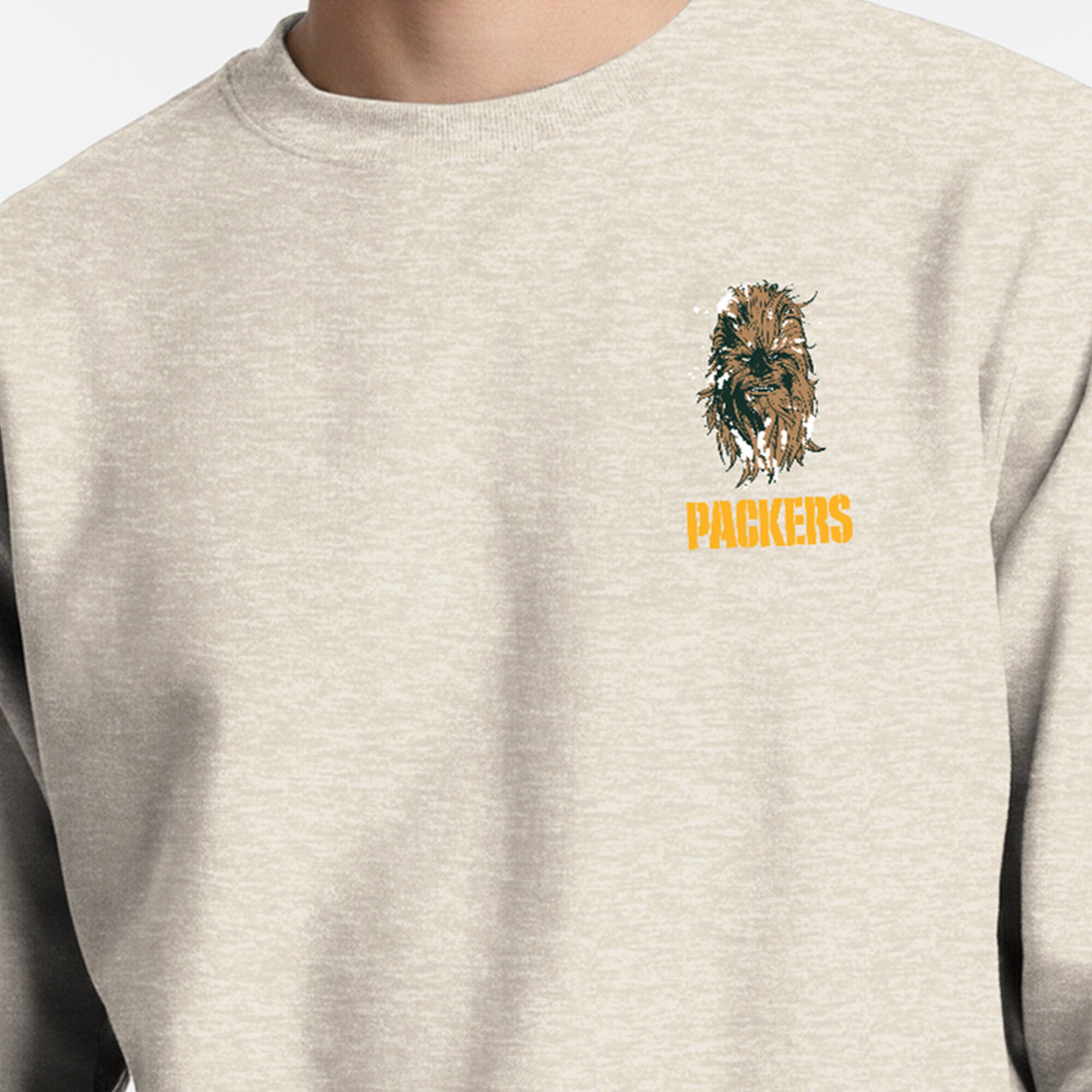 Men's Disney x Champion  Oatmeal Green Bay Packers Powerblend Left Chest Fullback Crew Sweatshirt