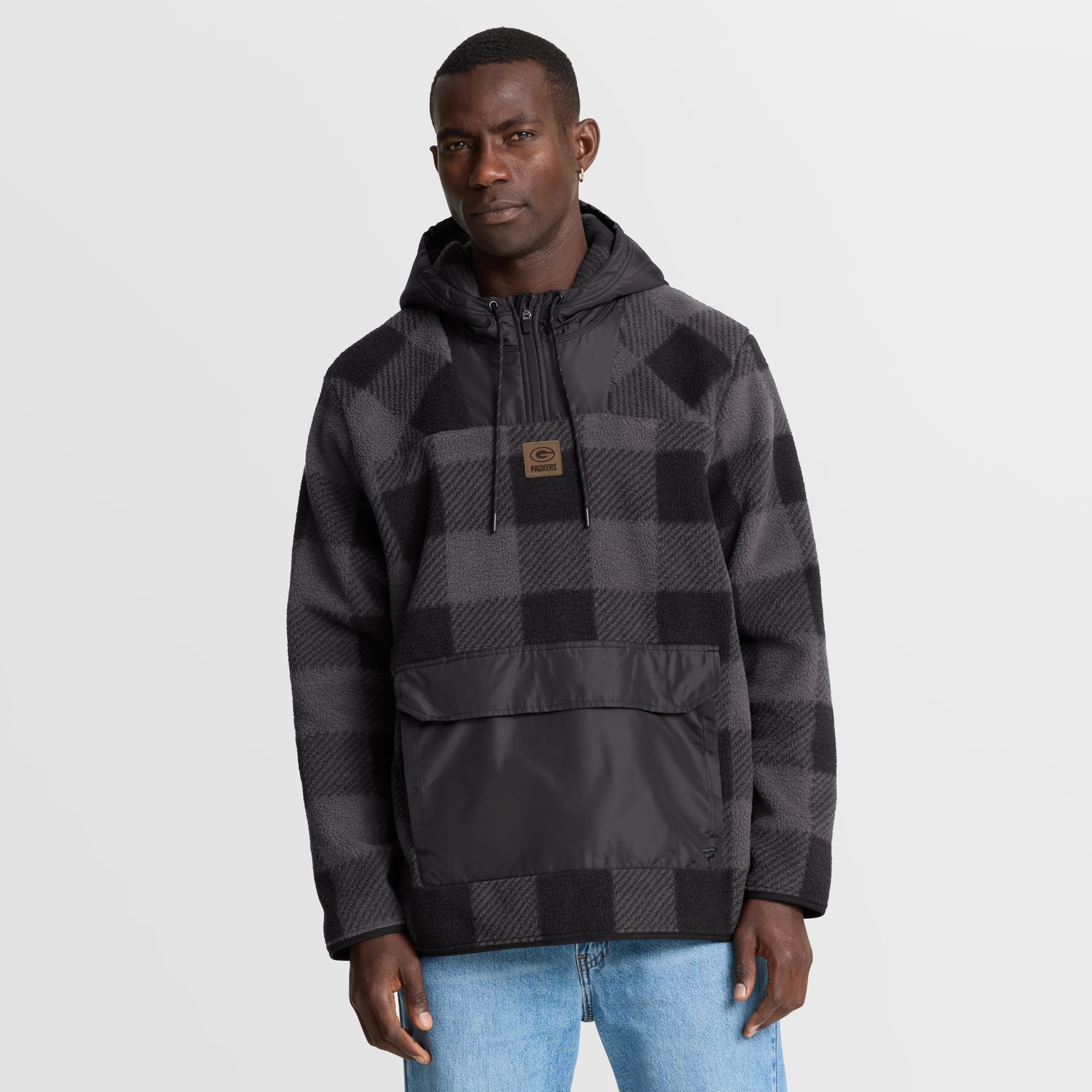 Men's Fanatics Black Green Bay Packers Oversized Elements Plaid Polar Fleece Quarter-Zip Hoodie