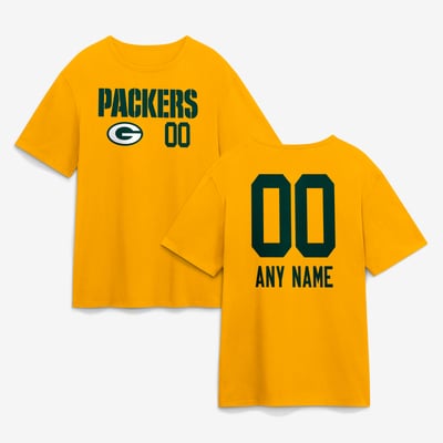 Green Bay Packers  Touchdown Wordmark Personalized Name & Number T-Shirt - Gold