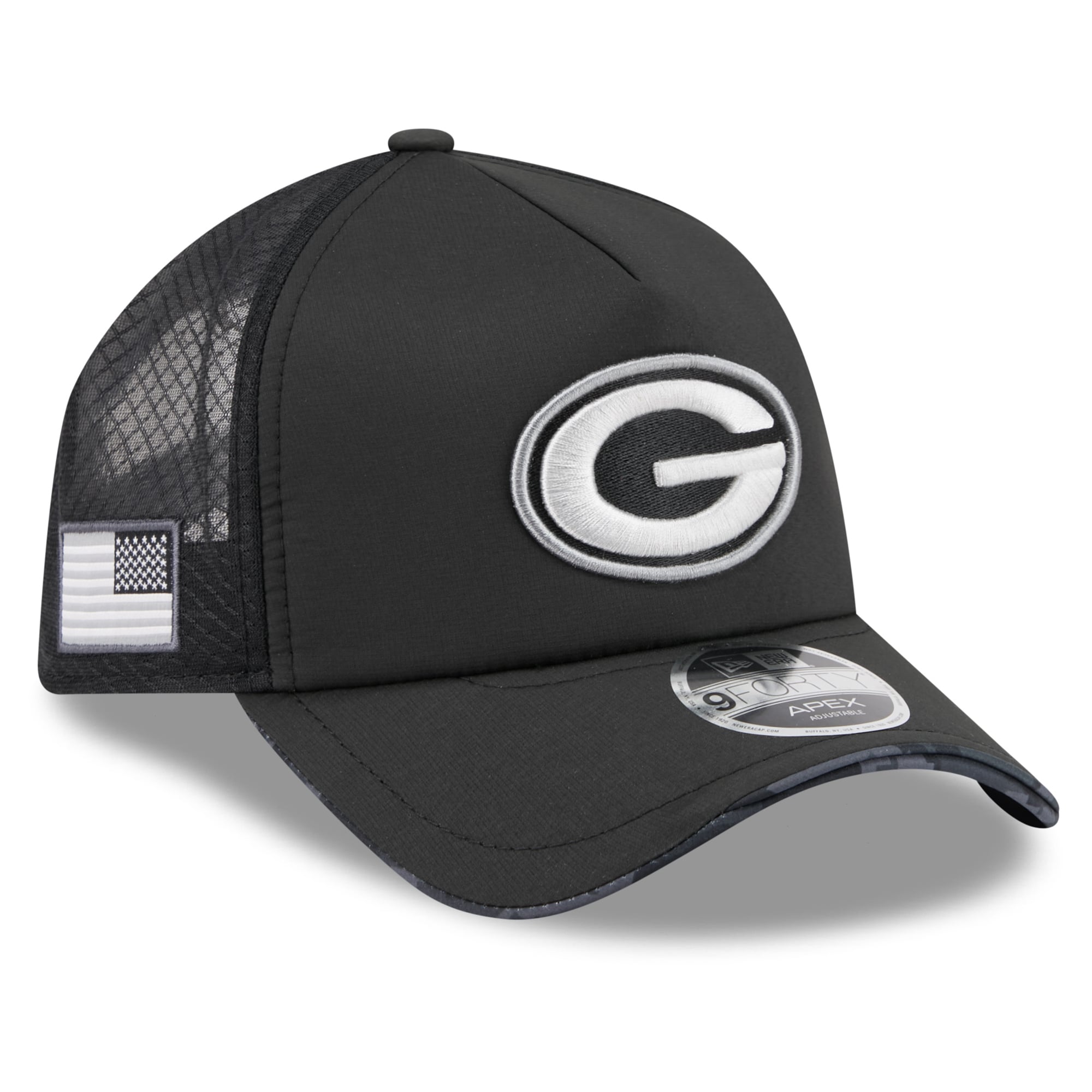 Casquette trucker ajustable New Era Apex 9FORTY noire Green Bay Packers 2026 Salute To Service pour homme