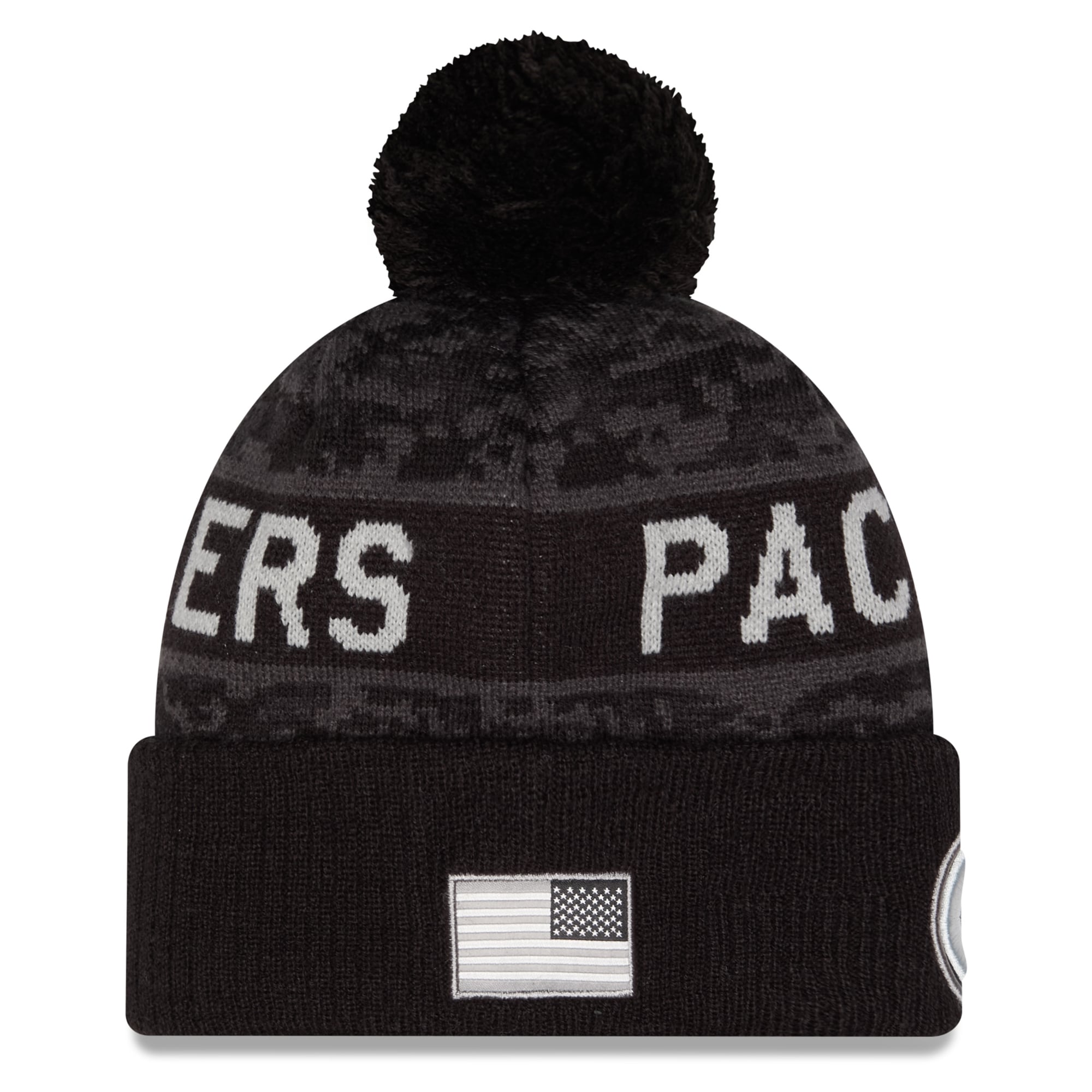 Bonnet à revers noir New Era Green Bay Packers 2026 Salute To Service pour homme, avec pompon