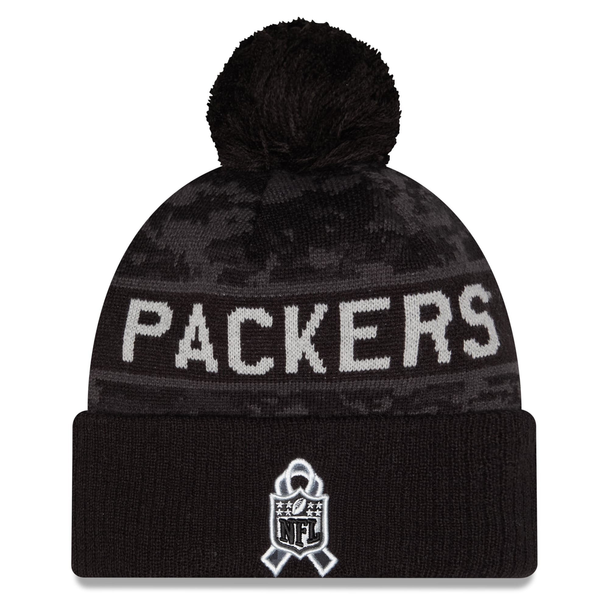 Bonnet à revers noir New Era Green Bay Packers 2026 Salute To Service pour homme, avec pompon