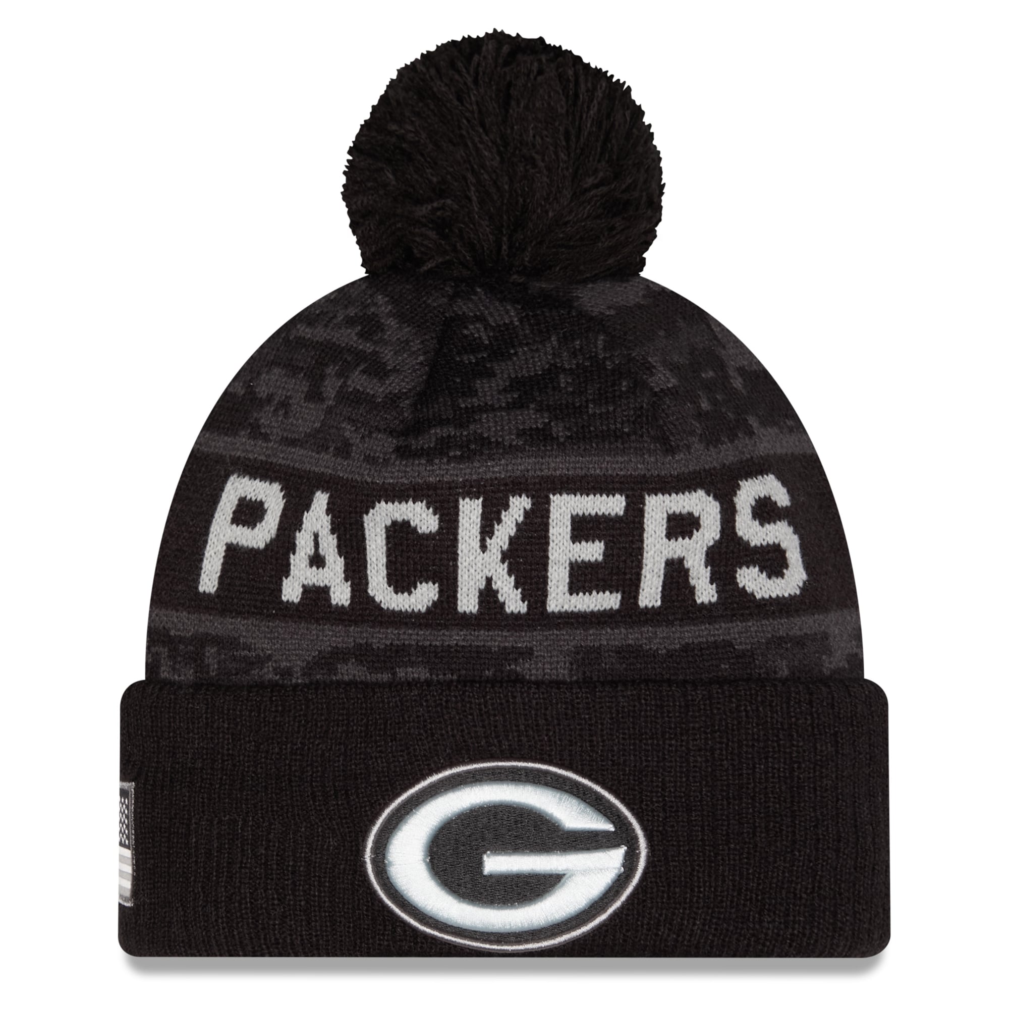 Bonnet à revers noir New Era Green Bay Packers 2026 Salute To Service pour homme, avec pompon