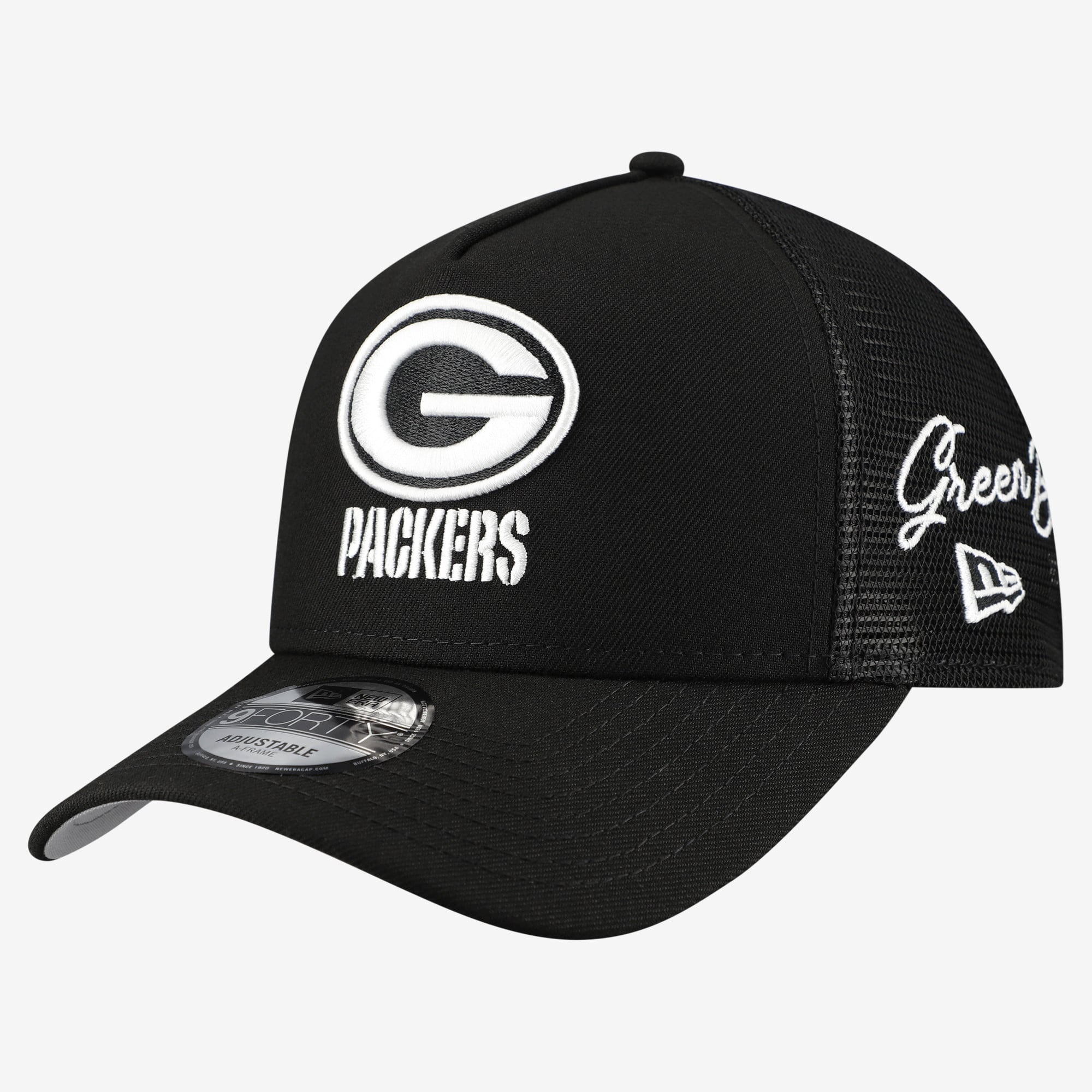 Men's New Era Black Green Bay Packers City Script 9FORTY A-Frame Adjustable Hat
