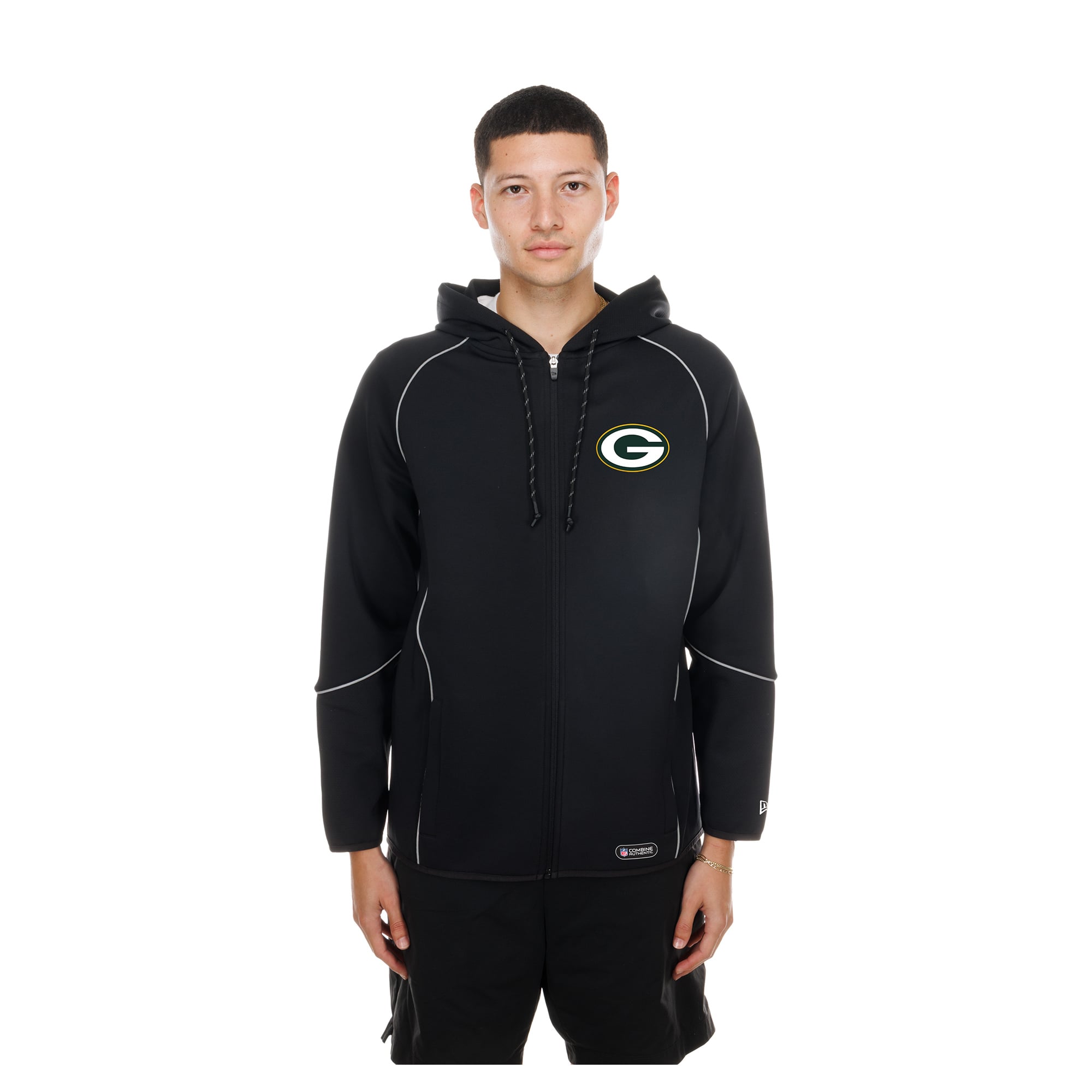 Men's New Era Black Green Bay Packers Combine Authentic Raglan Full-Zip Hoodie