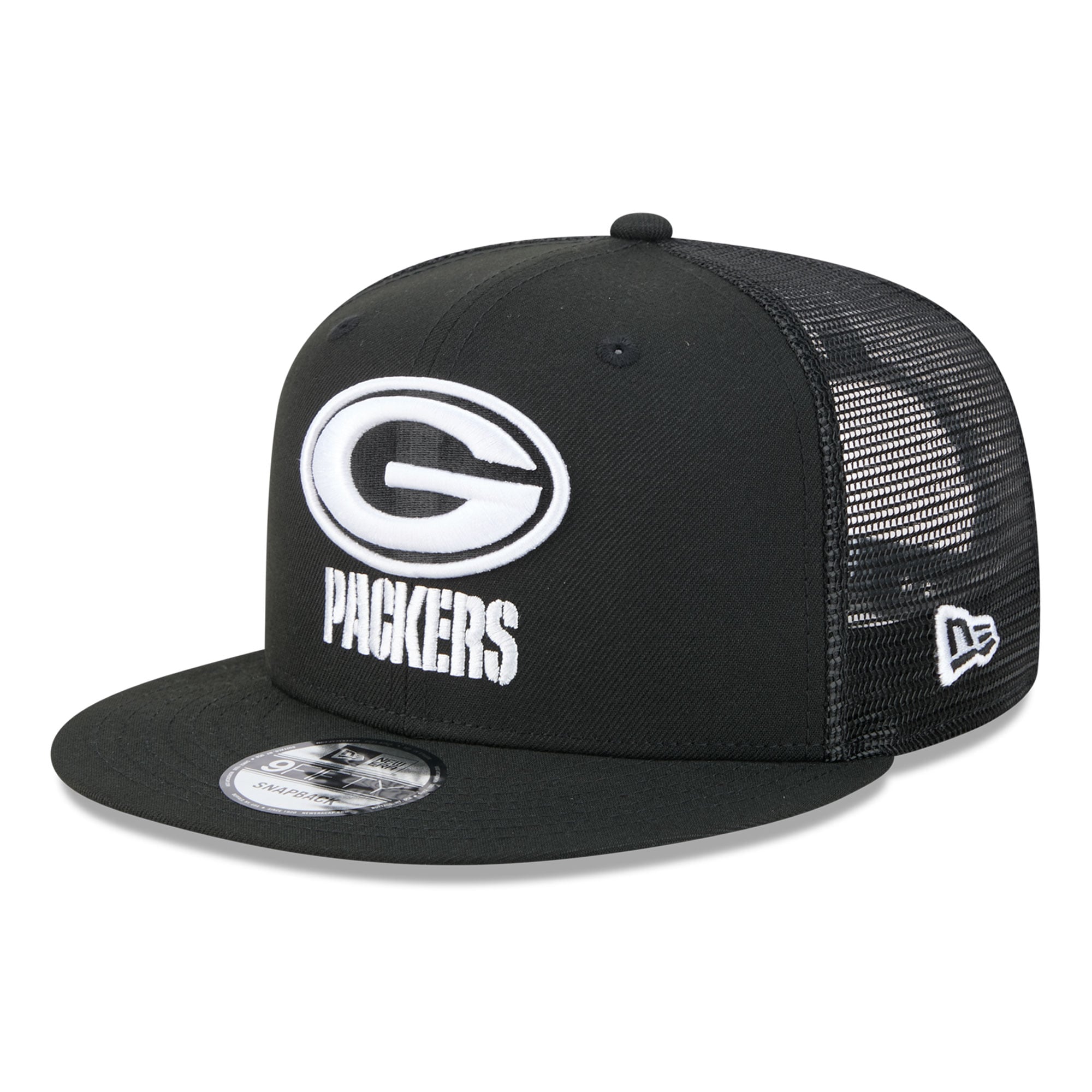 Men's New Era Black/White Green Bay Packers 9FIFTY Snapback Trucker Hat