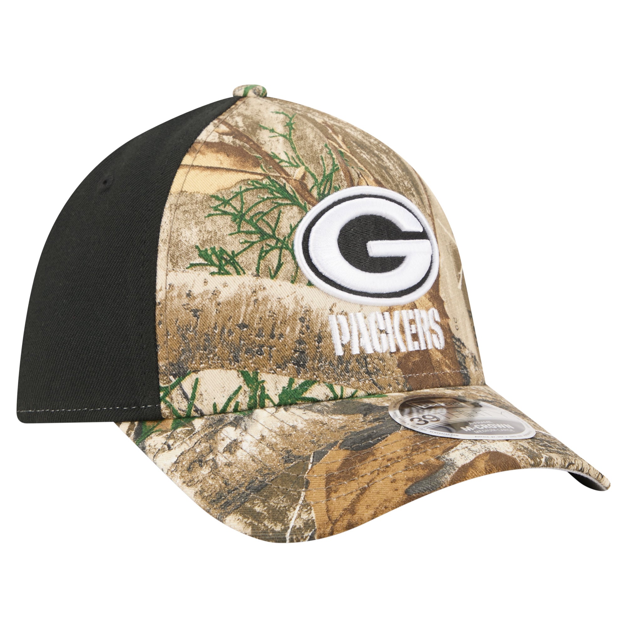 Men's New Era Camo/Black Green Bay Packers Team Collection RealTree 39THIRTY M-Crown A-Frame Flex Hat