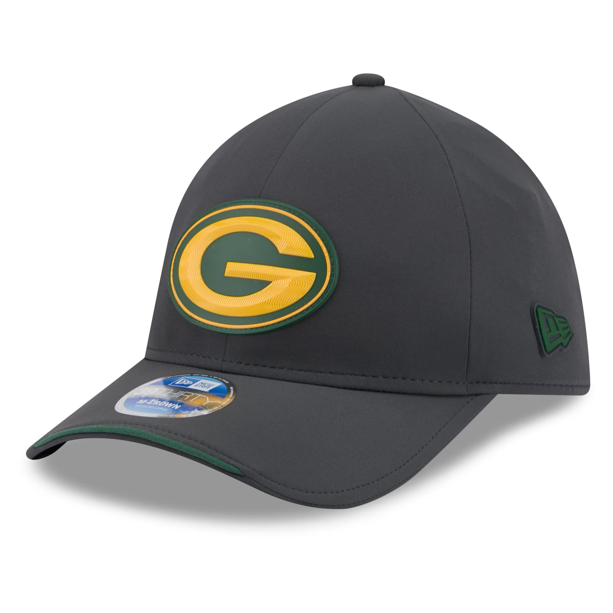 Casquette extensible New Era Green Bay Packers 2026 Sideline pour homme, couleur anthracite, modèle 39THIRTY M-Crown, idéale temps froid.
