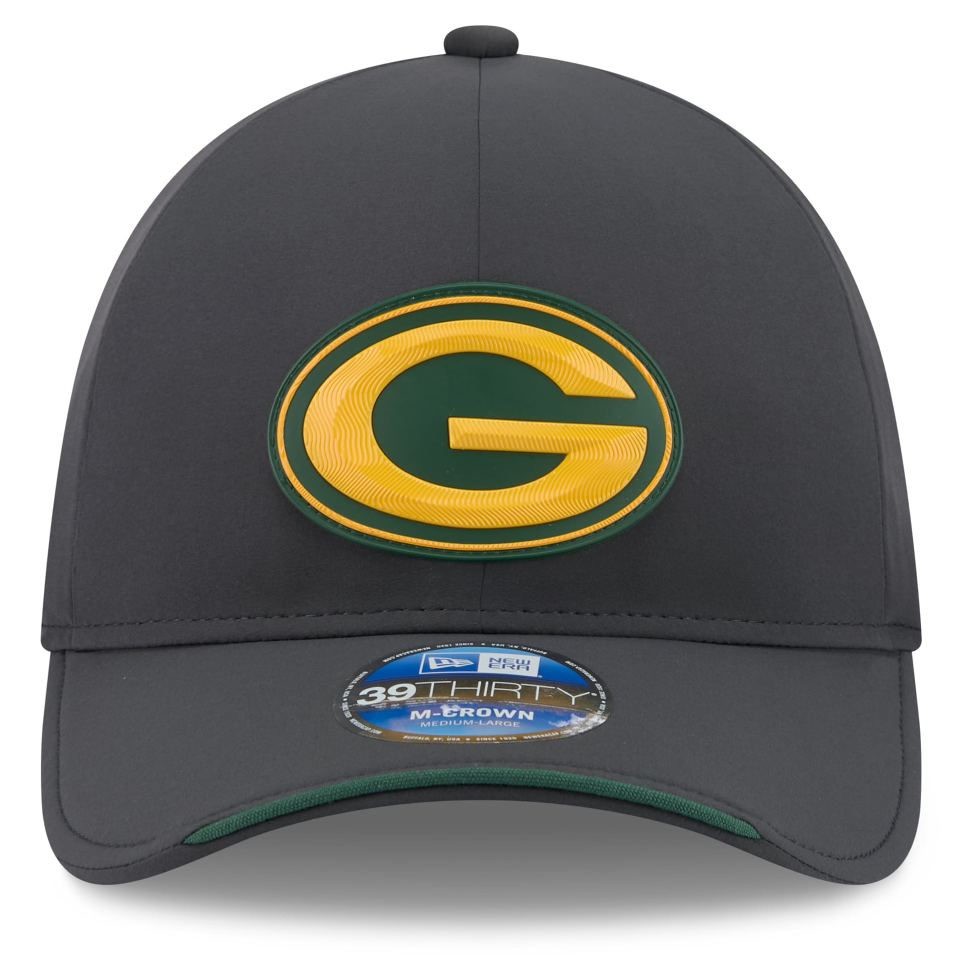 Casquette extensible New Era Green Bay Packers 2026 Sideline pour homme, couleur anthracite, modèle 39THIRTY M-Crown, idéale temps froid.