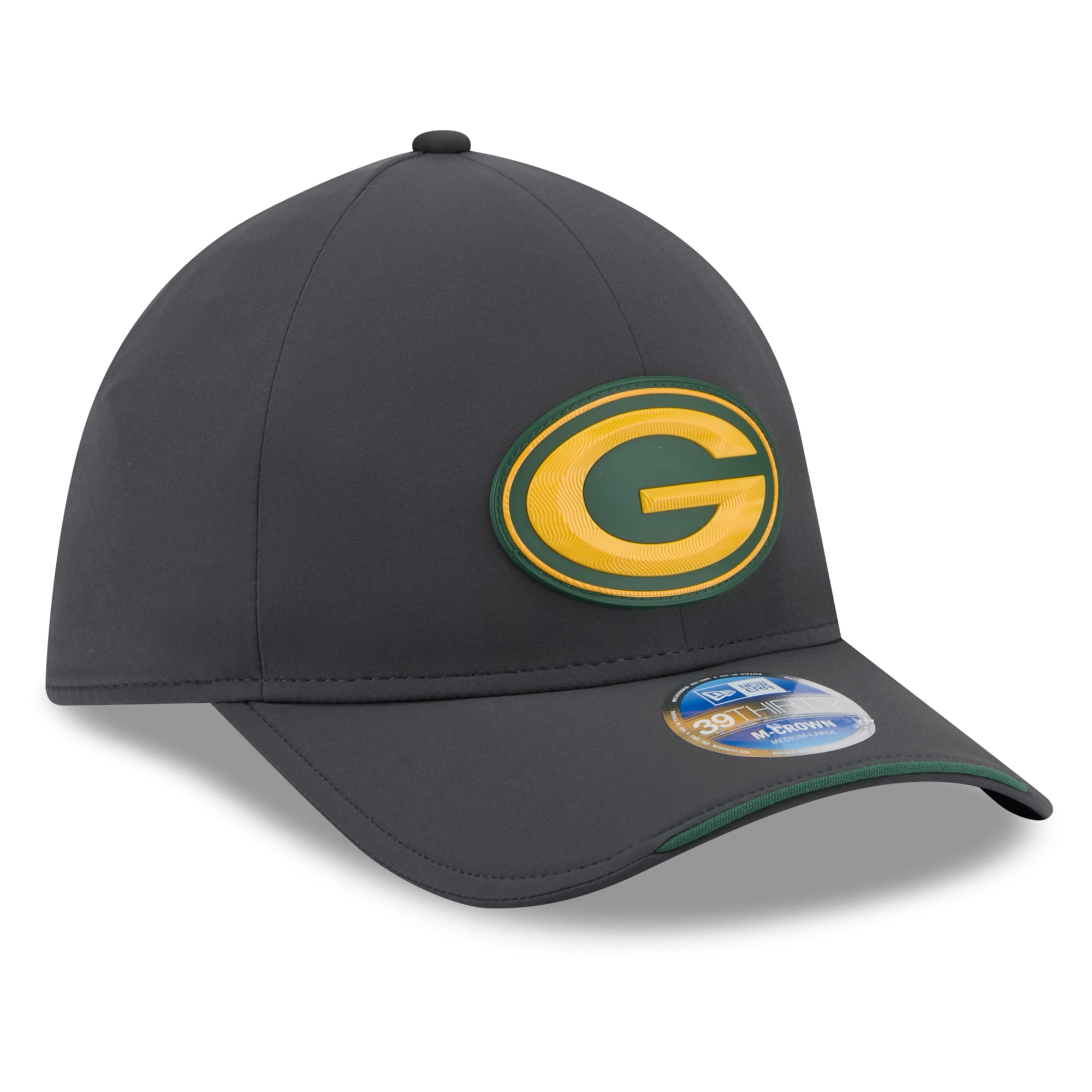 Casquette extensible New Era Green Bay Packers 2026 Sideline pour homme, couleur anthracite, modèle 39THIRTY M-Crown, idéale temps froid.