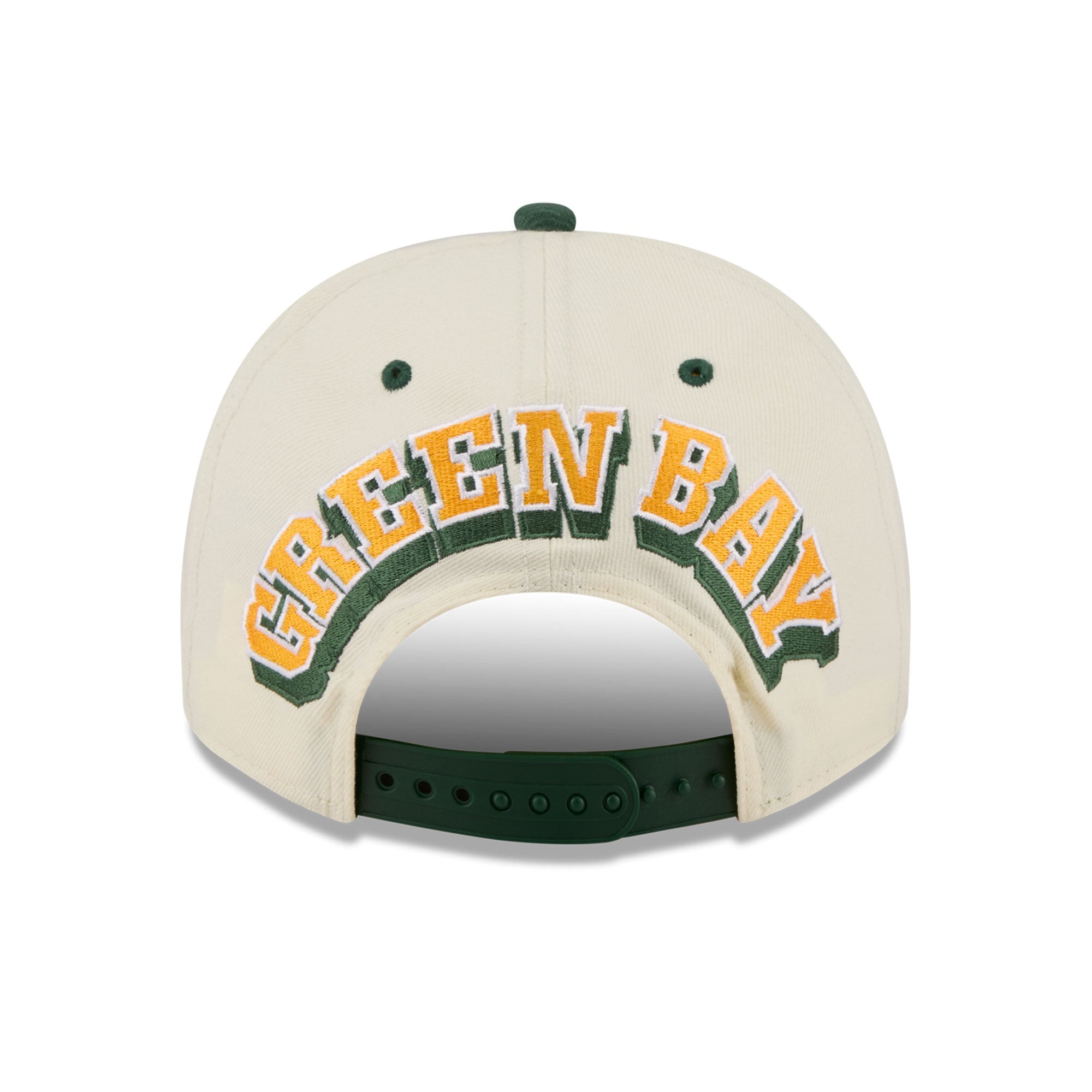 Casquette snapback New Era crème/verte Green Bay Packers pour homme, logo arrière en forme de A, modèle 9FIFTY.