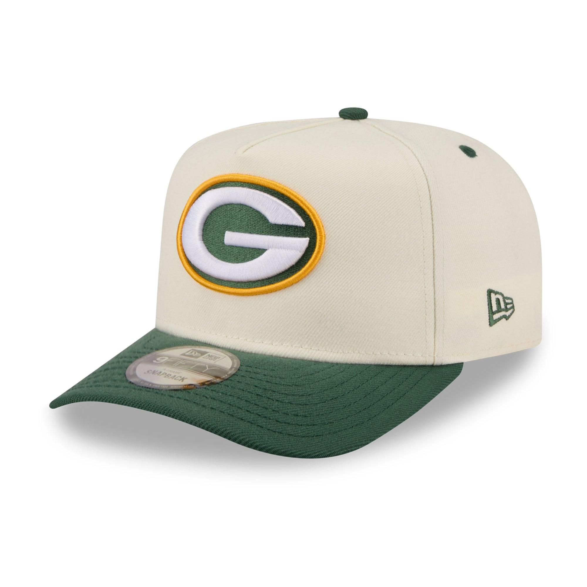 Casquette snapback New Era crème/verte Green Bay Packers pour homme, logo arrière en forme de A, modèle 9FIFTY.