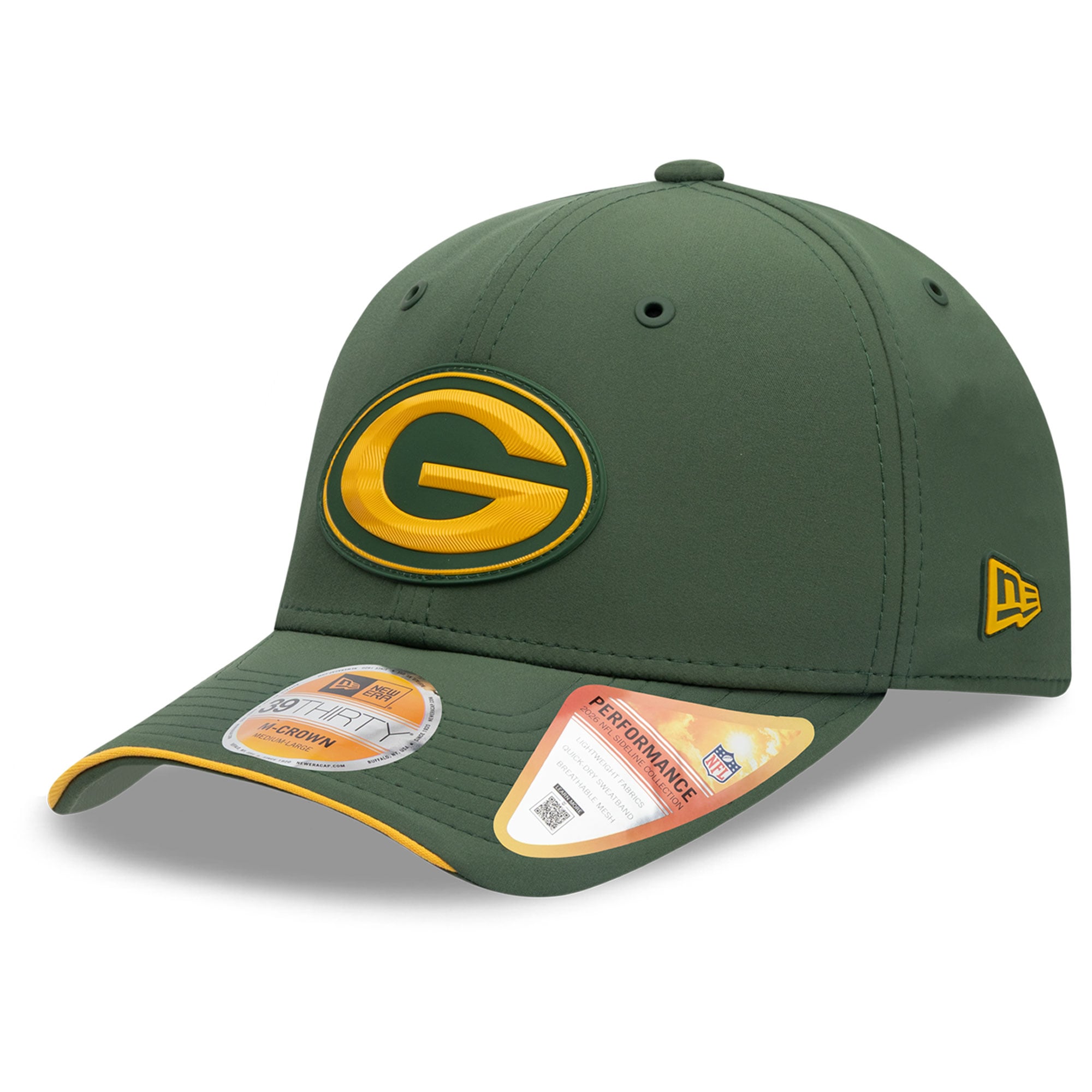 Casquette New Era verte Green Bay Packers 2026 Sideline 39THIRTY M-Crown Flex pour homme