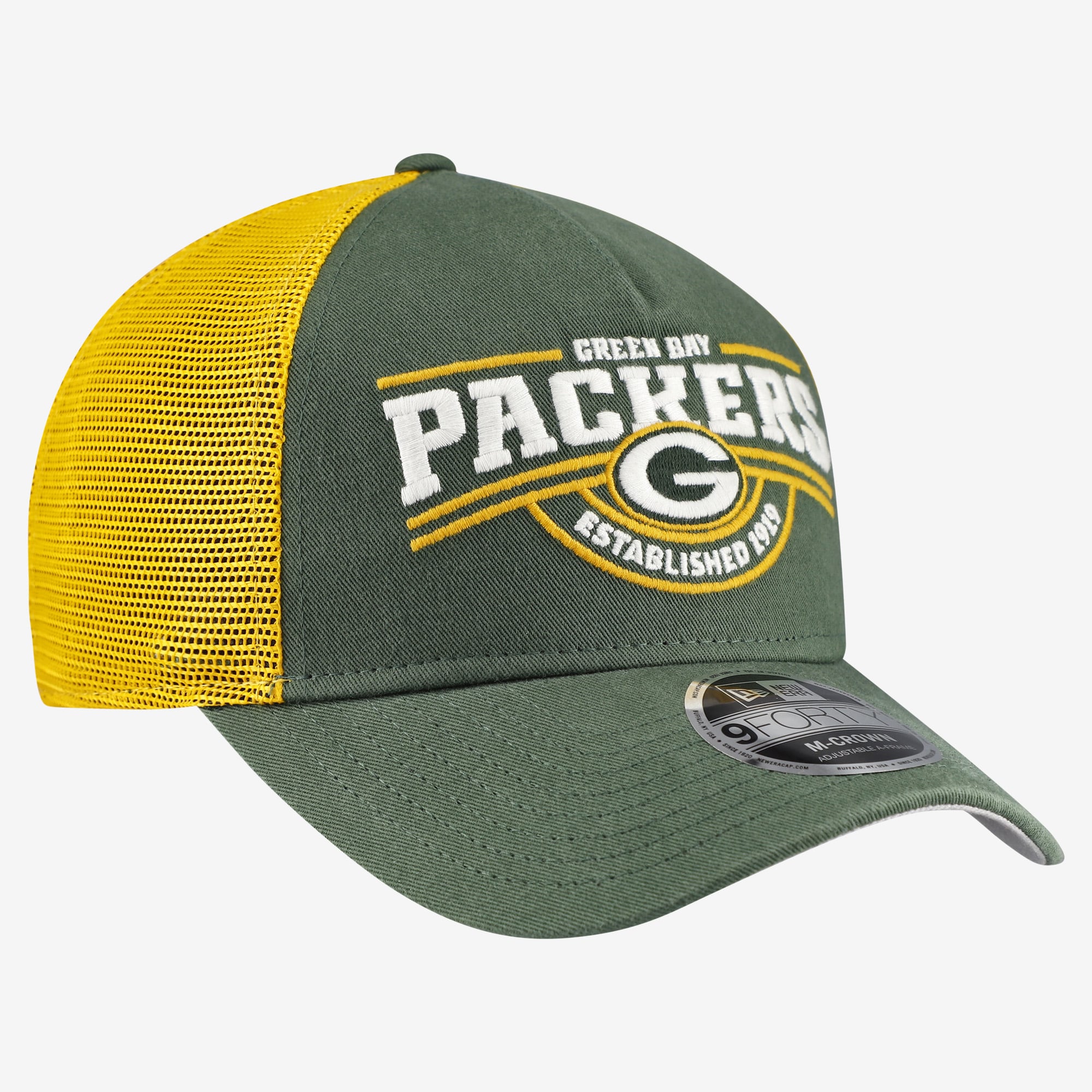 Casquette ajustable New Era Green Bay Packers 9FORTY pour homme, modèle A-Frame, verte.