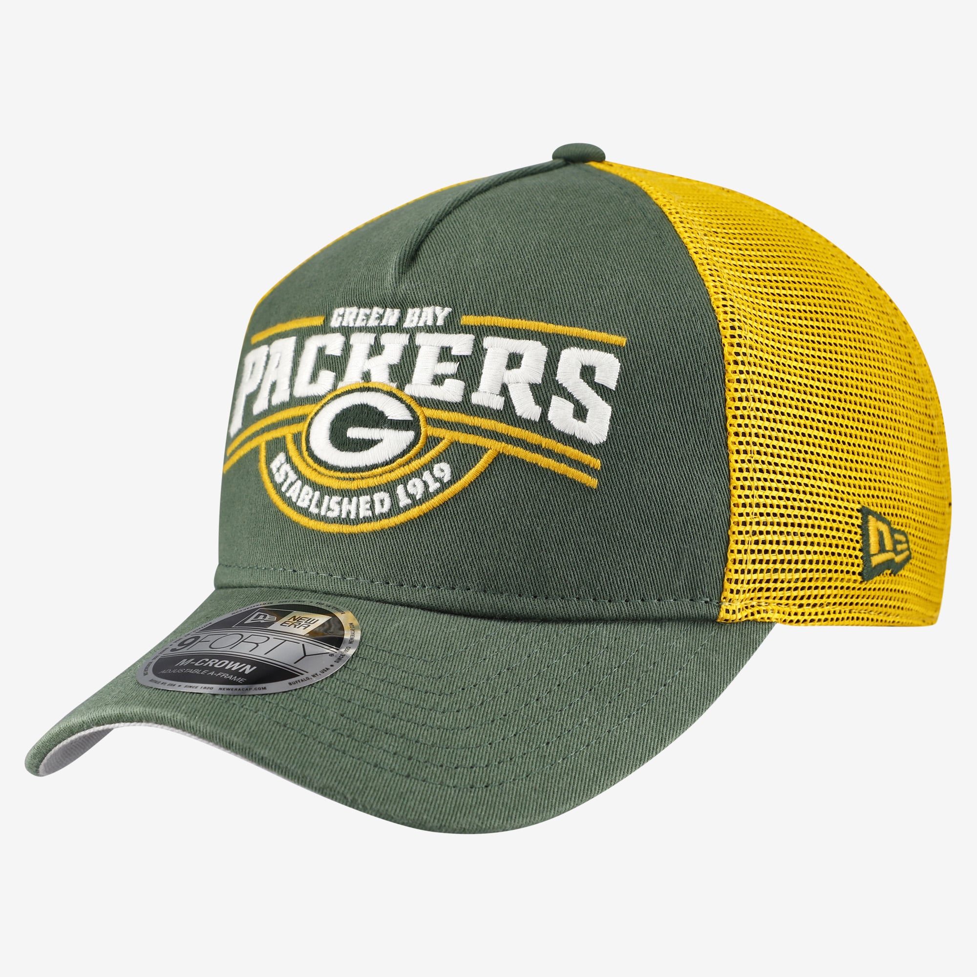 Casquette ajustable New Era Green Bay Packers 9FORTY pour homme, modèle A-Frame, verte.