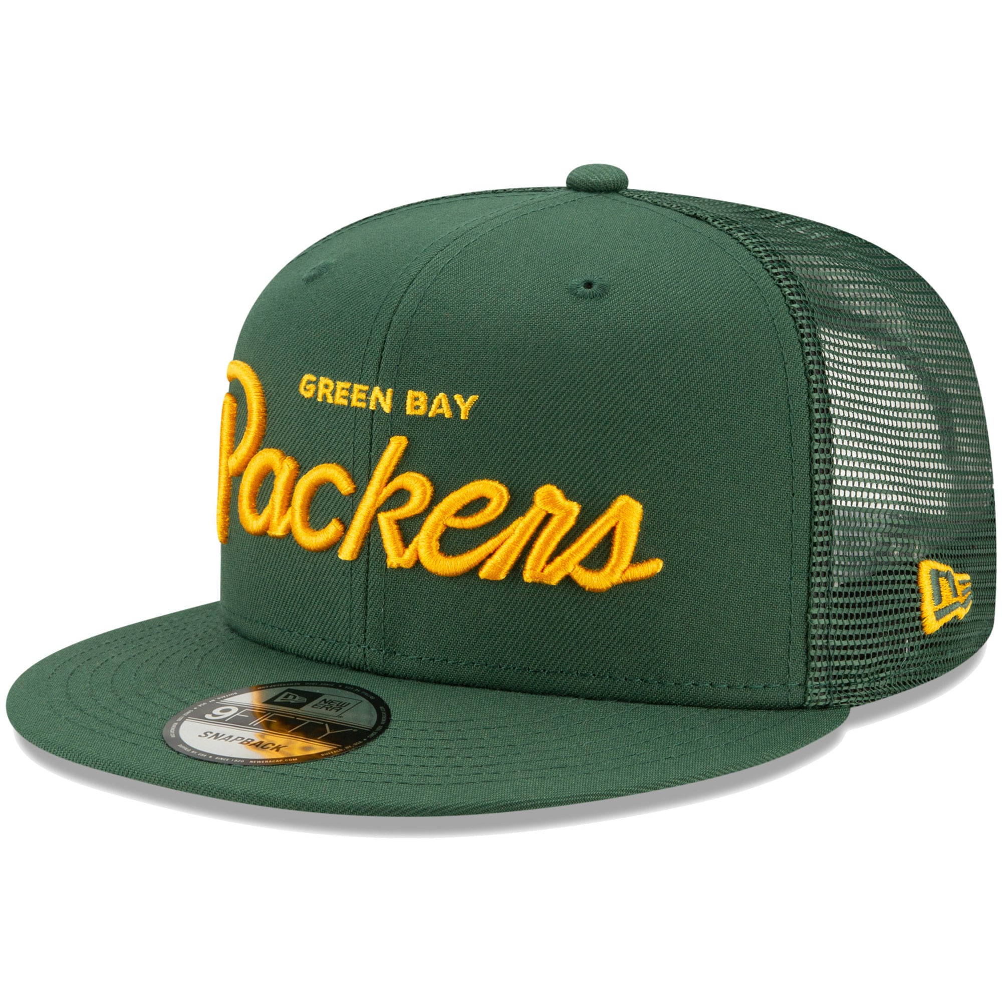 Men's New Era Green Green Bay Packers Script Trucker 9FIFTY