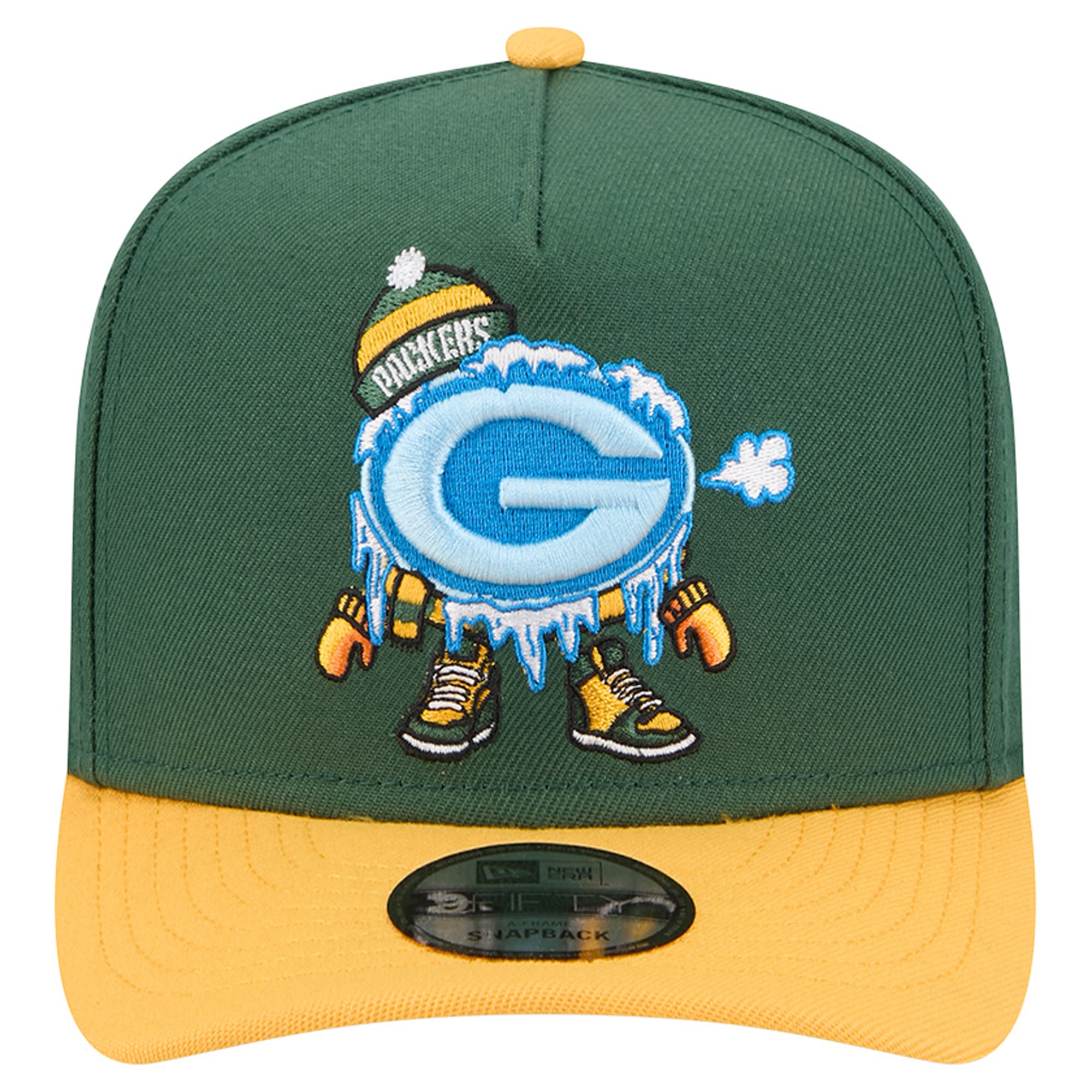 Casquette snapback New Era 9FIFTY pour homme, verte et or, motif A-Frame des Green Bay Packers.