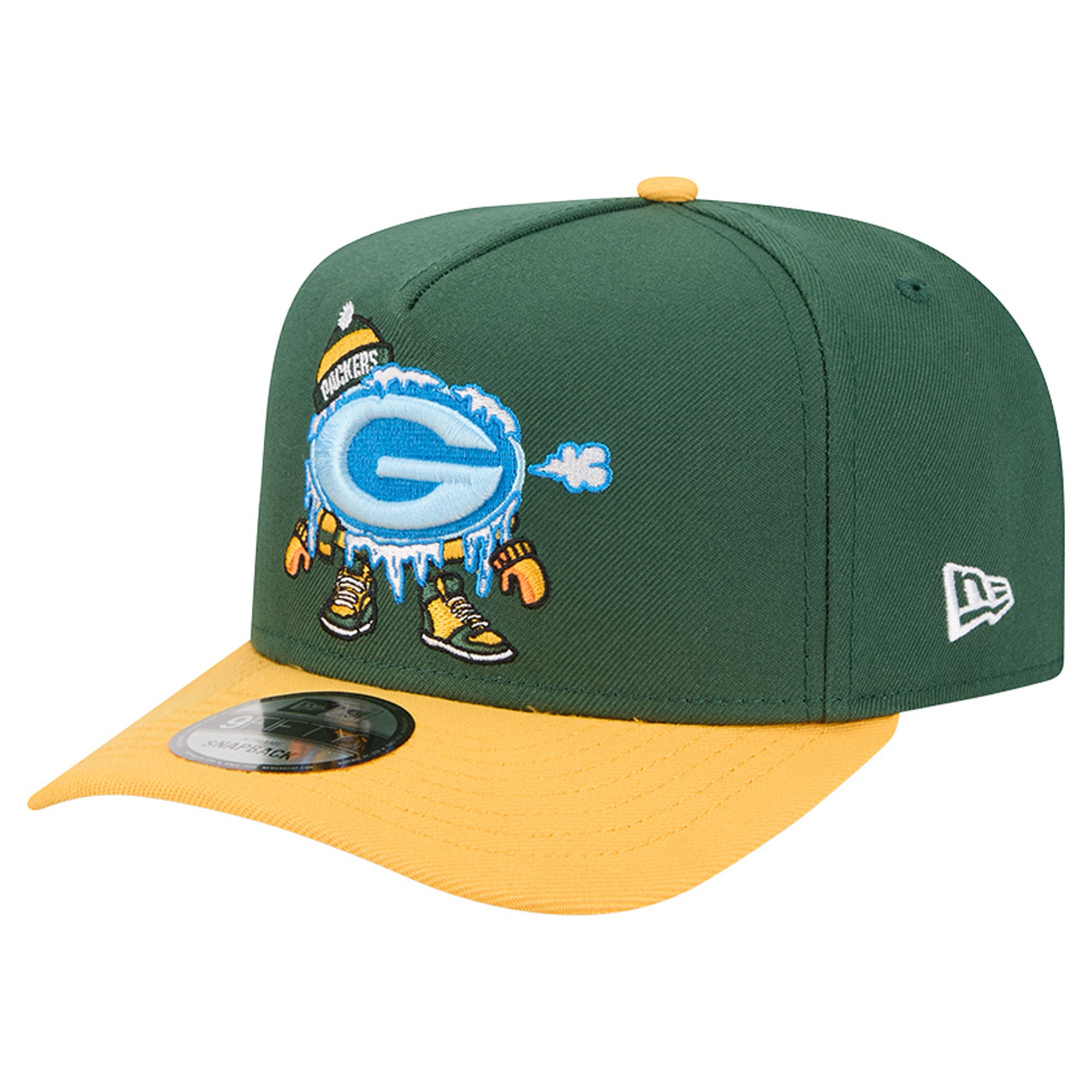 Casquette snapback New Era 9FIFTY pour homme, verte et or, motif A-Frame des Green Bay Packers.