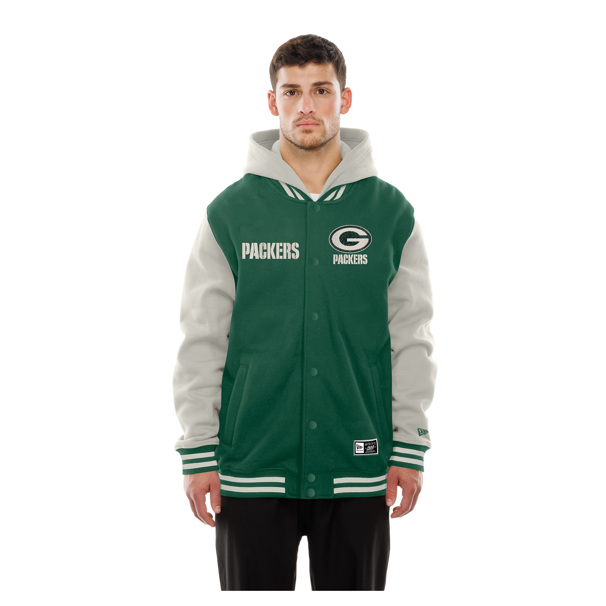 Men's New Era Green/Gray Green Bay Packers Full-Snap Fleece Hooded Jacket