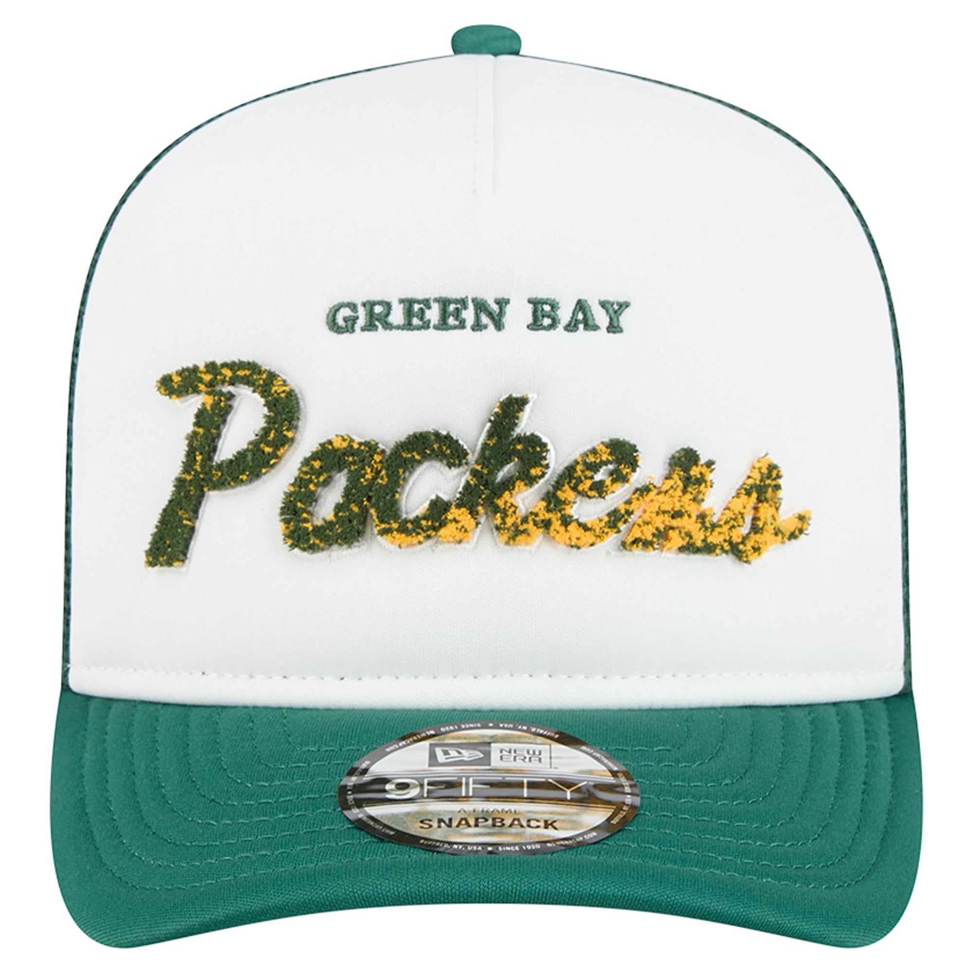 Men's New Era White/Green Green Bay Packers Foam A-Frame 9FIFTY Snapback Trucker Hat
