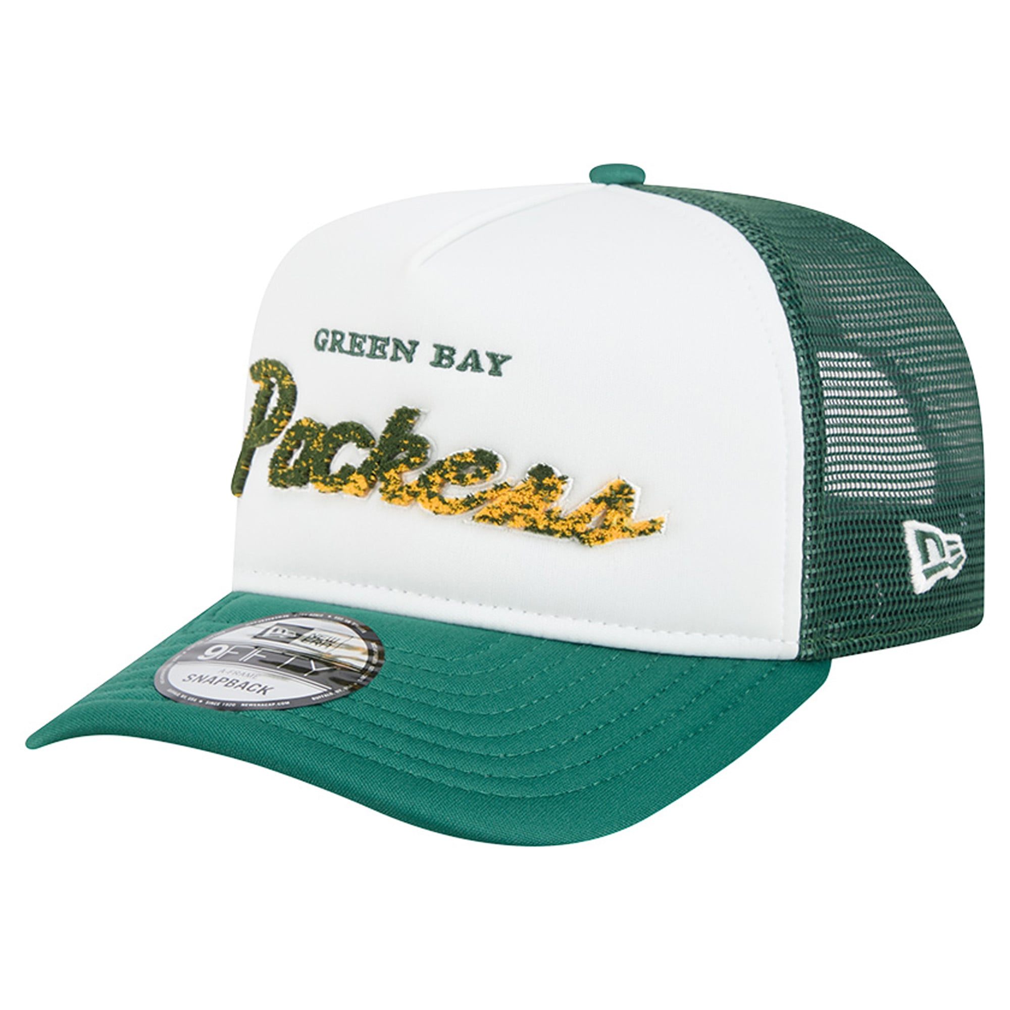 Men's New Era White/Green Green Bay Packers Foam A-Frame 9FIFTY Snapback Trucker Hat
