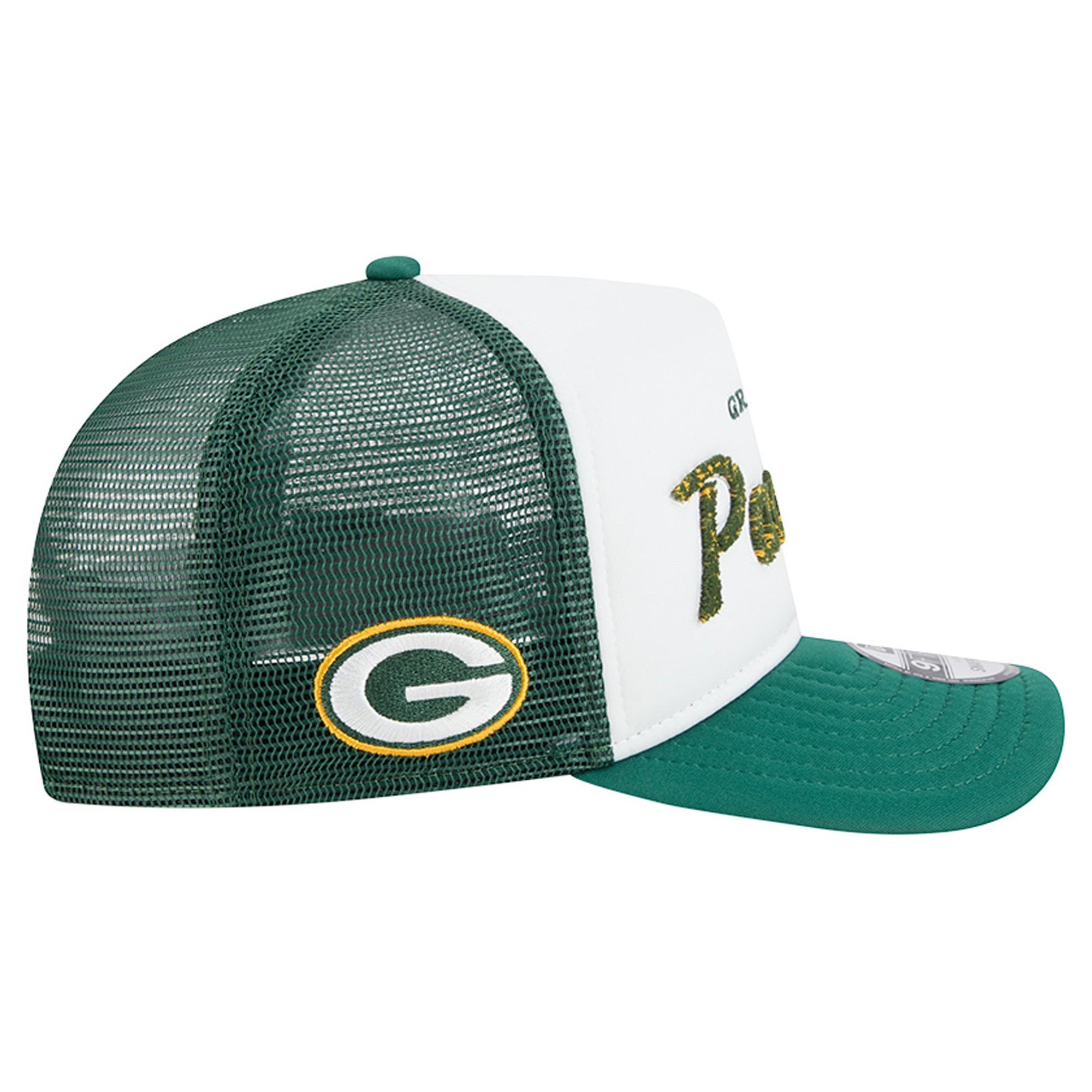 Men's New Era White/Green Green Bay Packers Foam A-Frame 9FIFTY Snapback Trucker Hat