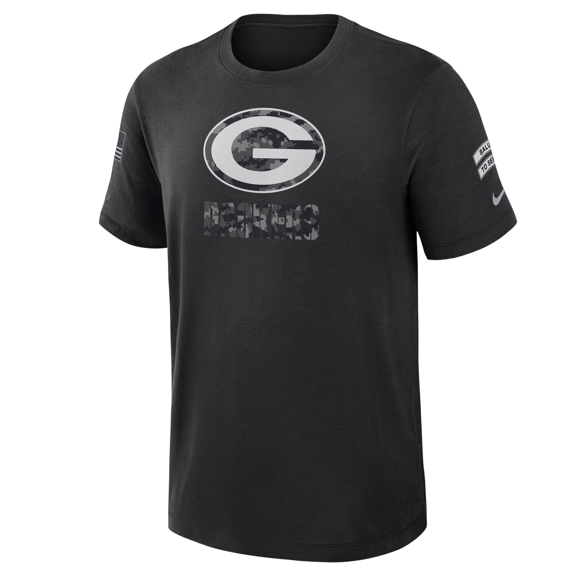 T-shirt Nike Green Bay Packers noir pour homme, édition spéciale 2026 « Salute to Service », en molleton.