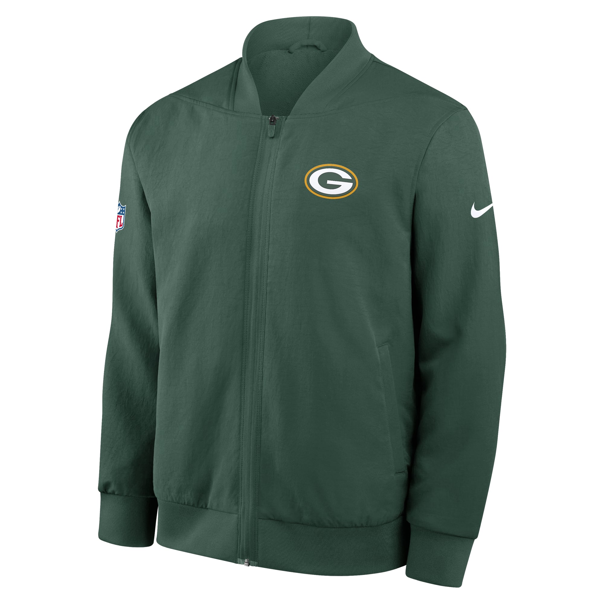 Veste bomber zippée Nike Green Bay Packers pour homme, modèle Sideline Powerful Blocking Dri-FIT, couleur verte.