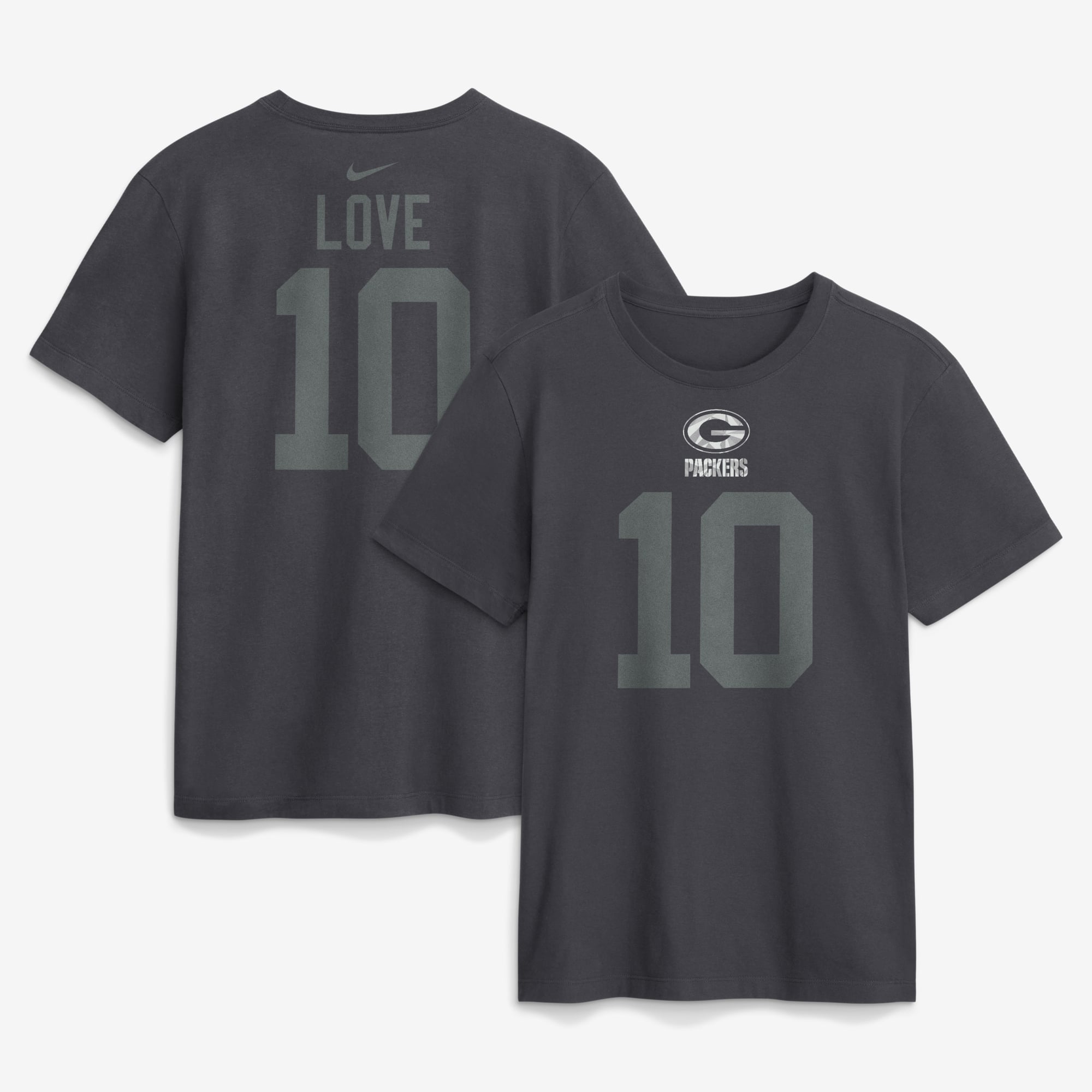 T-shirt Nike Jordan Love Anthracite Green Bay Packers pour homme, avec nom et numéro