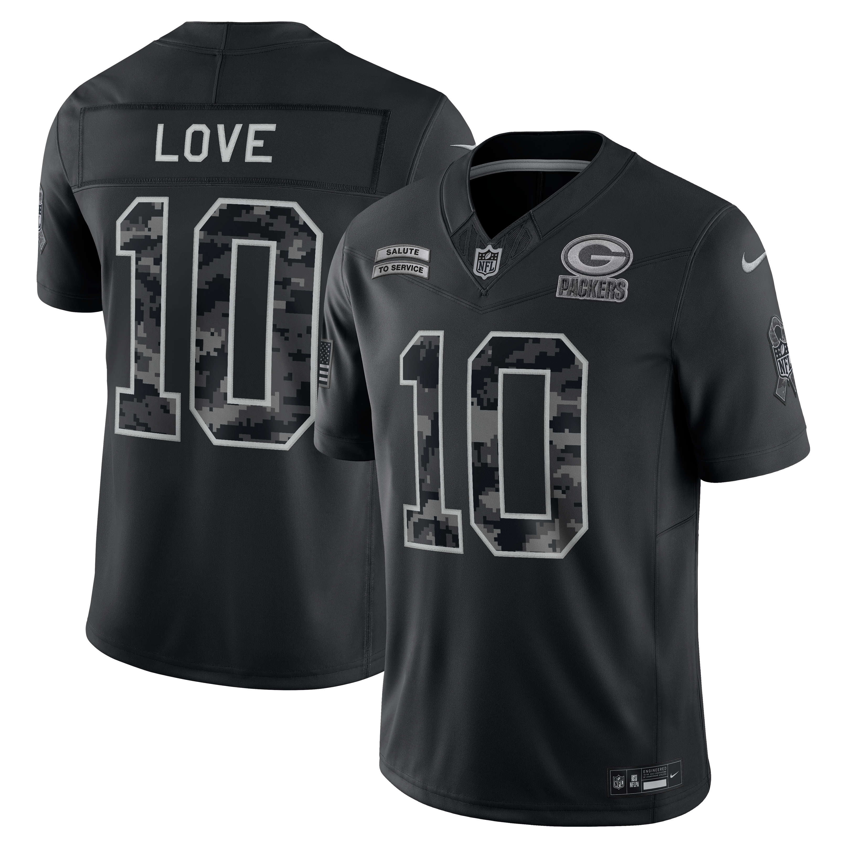 Maillot Nike Jordan Love noir Green Bay Packers 2026 Salute to Service pour homme, édition limitée cousue