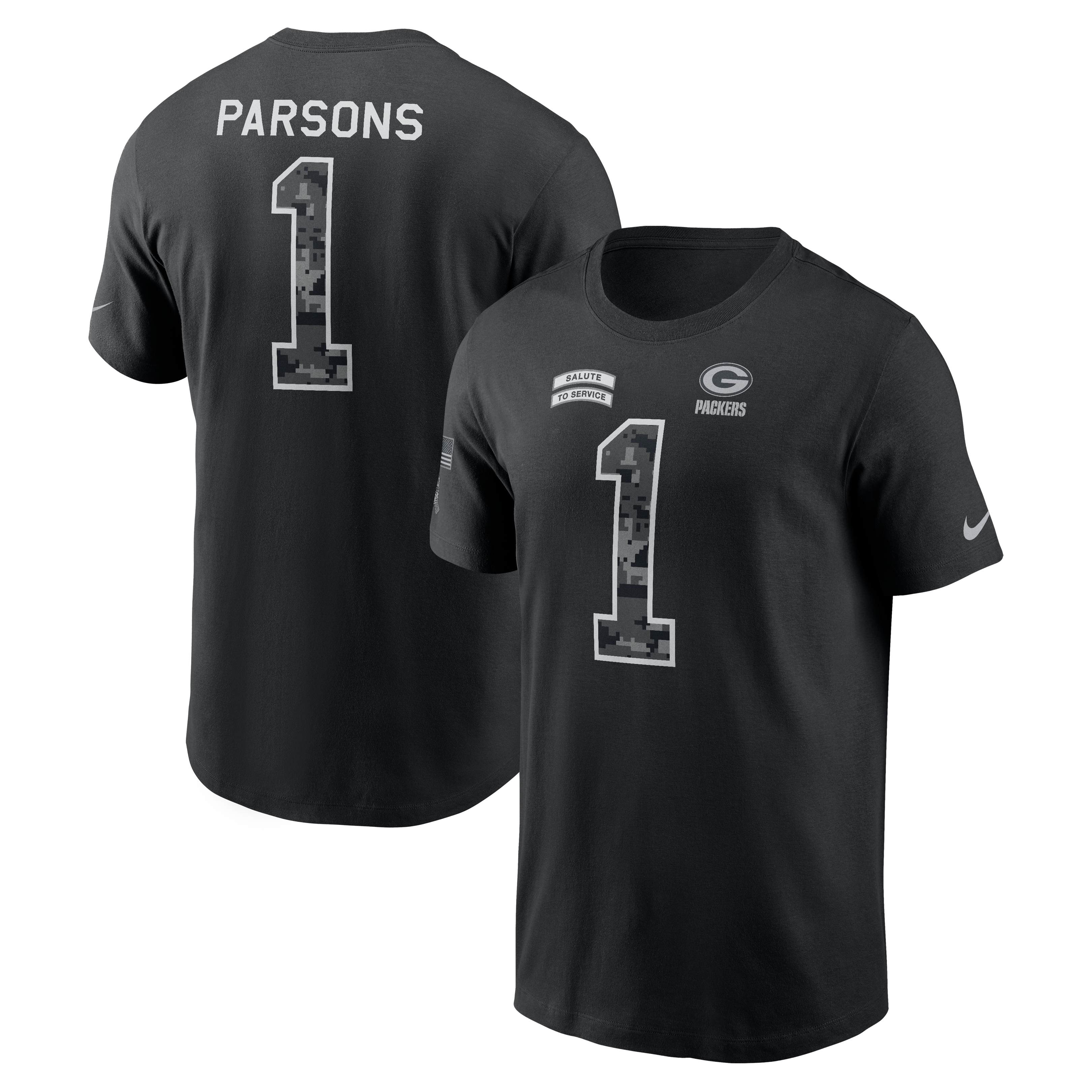T-shirt Nike Micah Parsons noir Green Bay Packers 2026 Salute to Service pour homme, avec nom et numéro