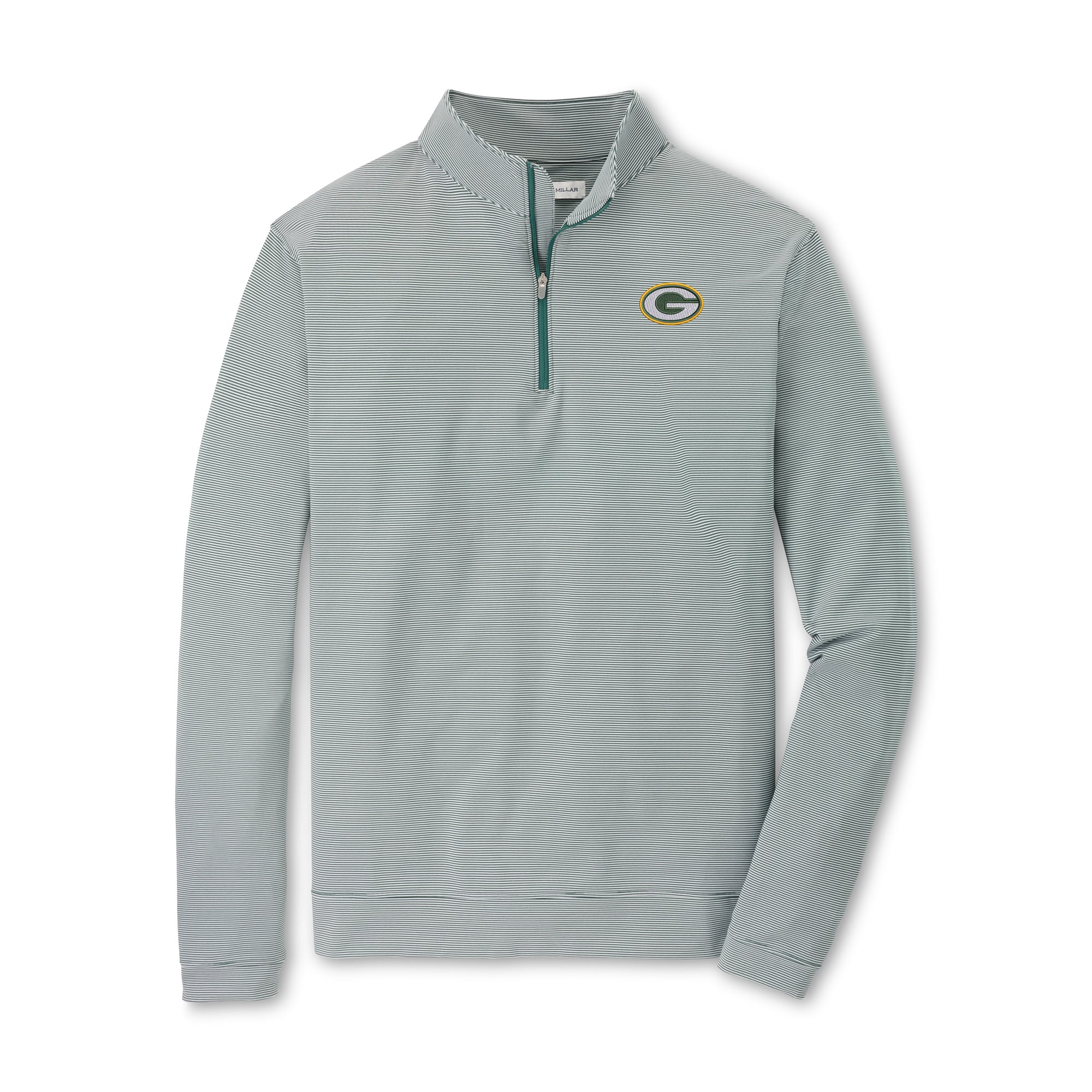 Pull à col zippé Peter Millar vert et blanc Green Bay Packers Perth Sugar Stripe Performance pour homme