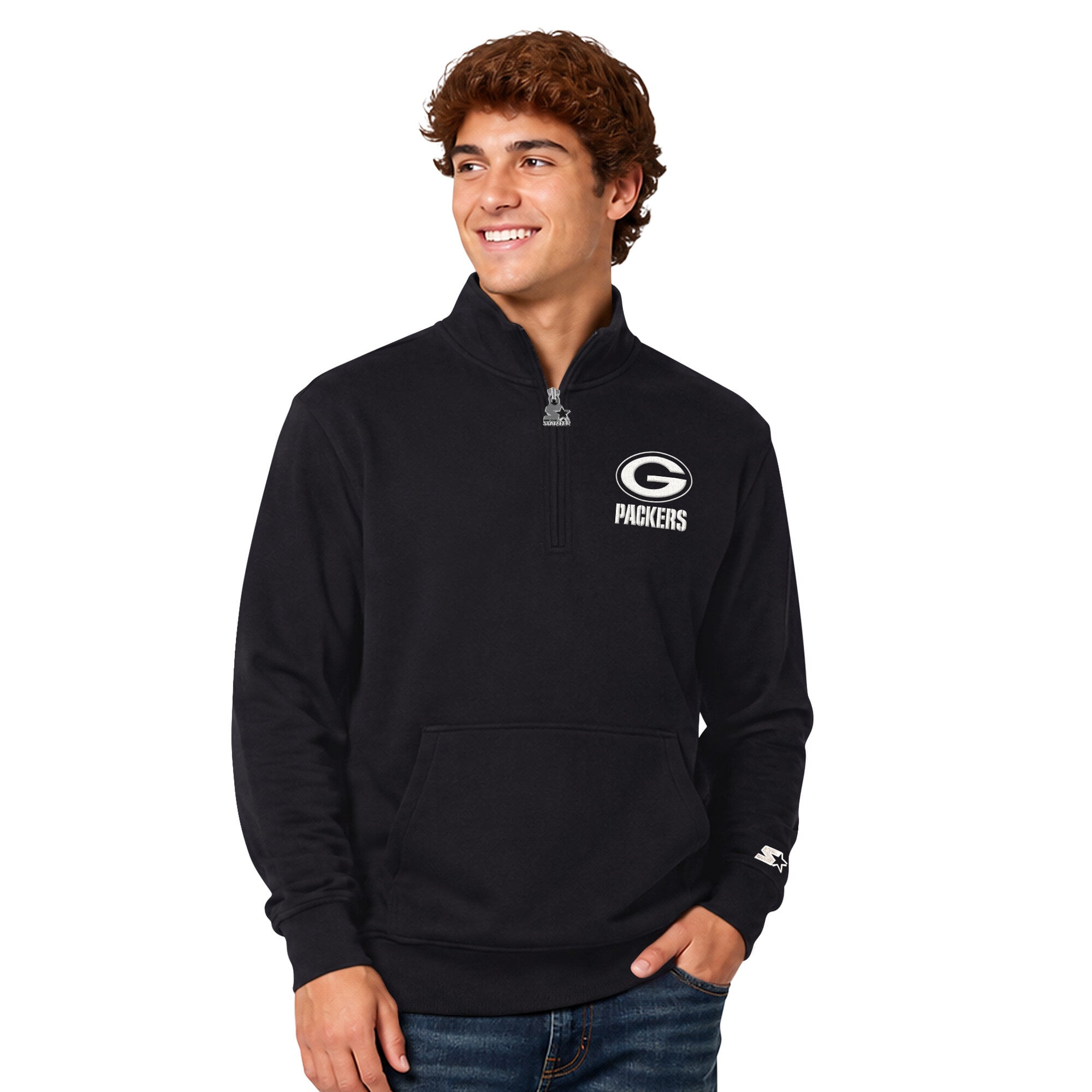Men's Starter Black Green Bay Packers Thursday Night Gridiron Batwing Quarter-Zip Sweatshirt