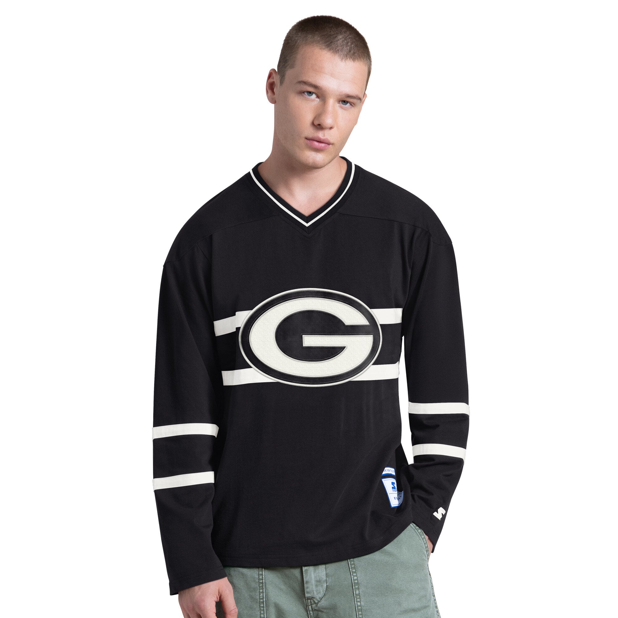 T-shirt à manches longues Starter noir et blanc Green Bay Packers pour homme