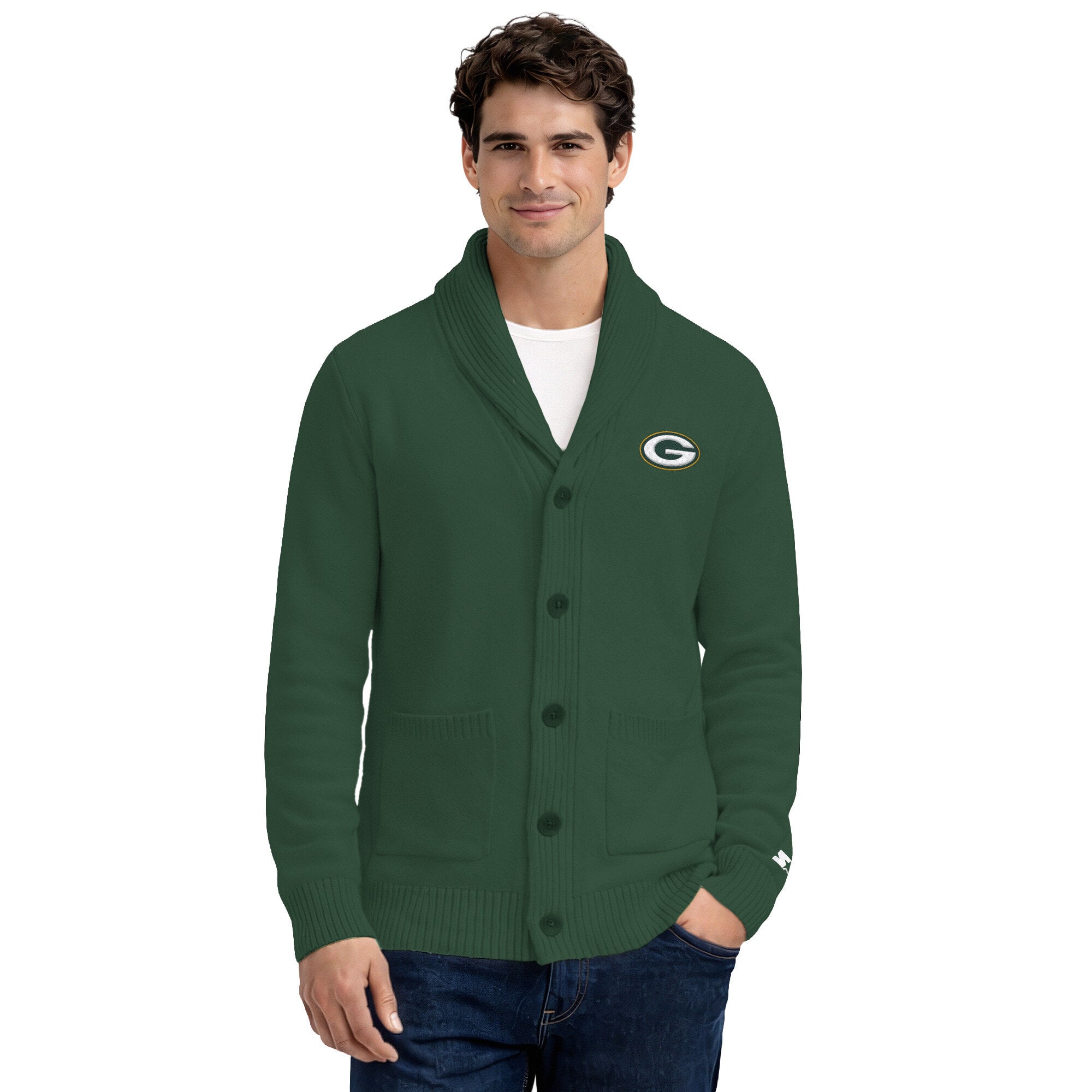 Men's Starter Green Bay Packers Shawl Collar Heavy Knit Cardigan Sweater