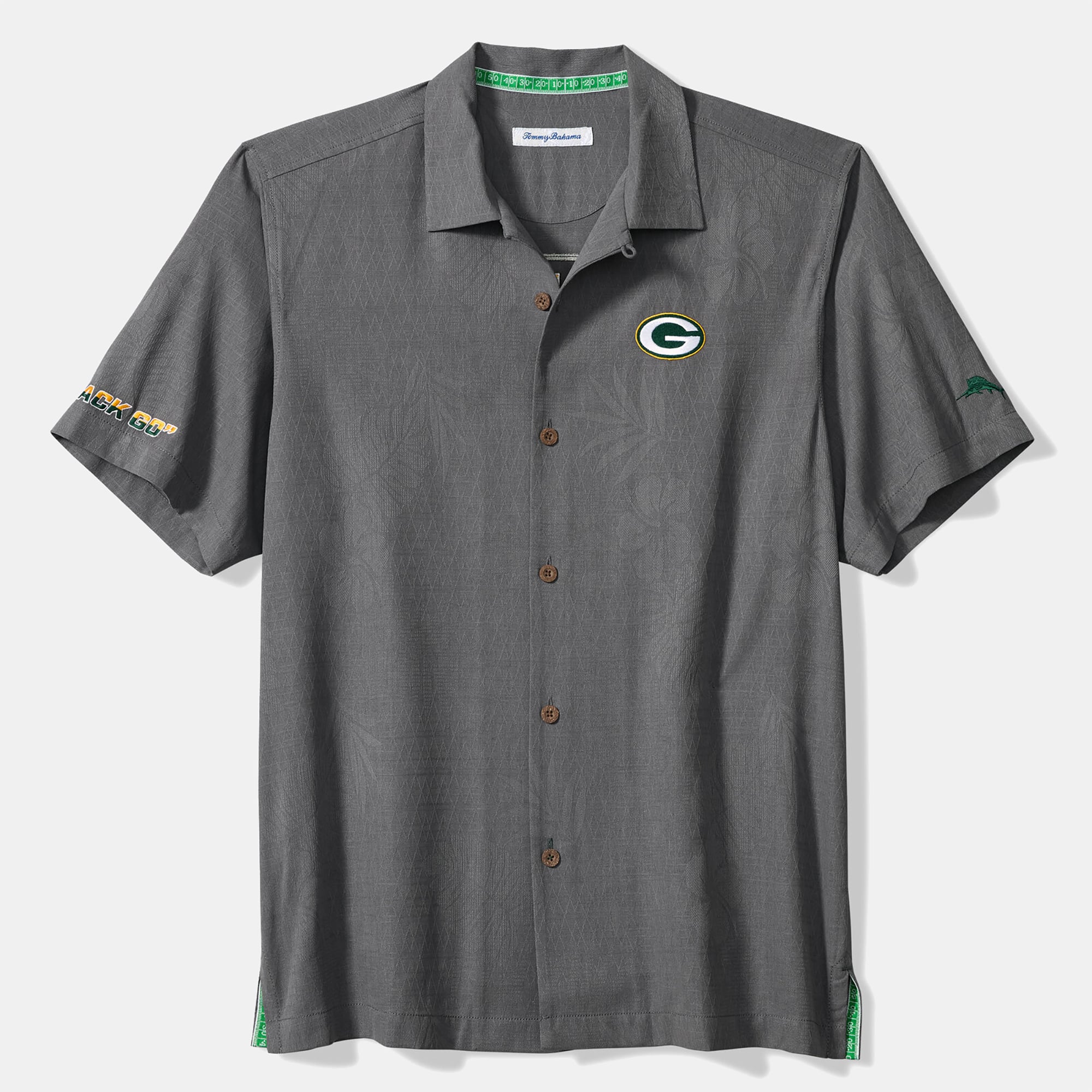 Chemise boutonnée Tommy Bahama grise Green Bay Packers Endzone Paradise IslandZone pour homme