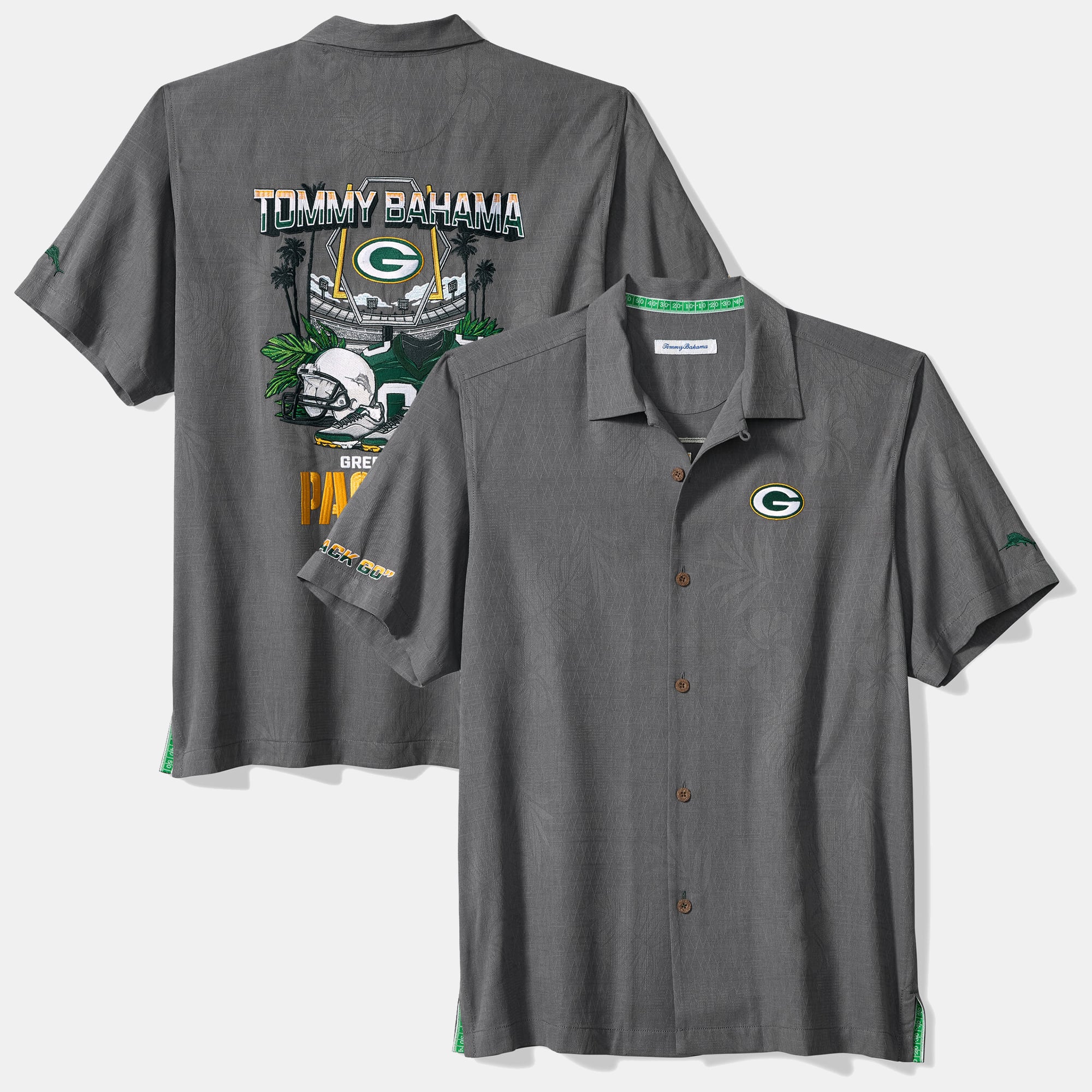Chemise boutonnée Tommy Bahama grise Green Bay Packers Endzone Paradise IslandZone pour homme