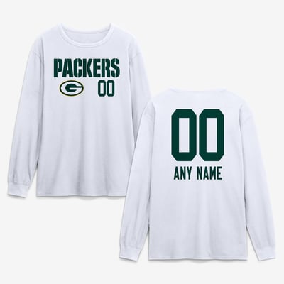 Green Bay Packers  Touchdown Wordmark Personalized Name & Number Long Sleeve T-Shirt - White