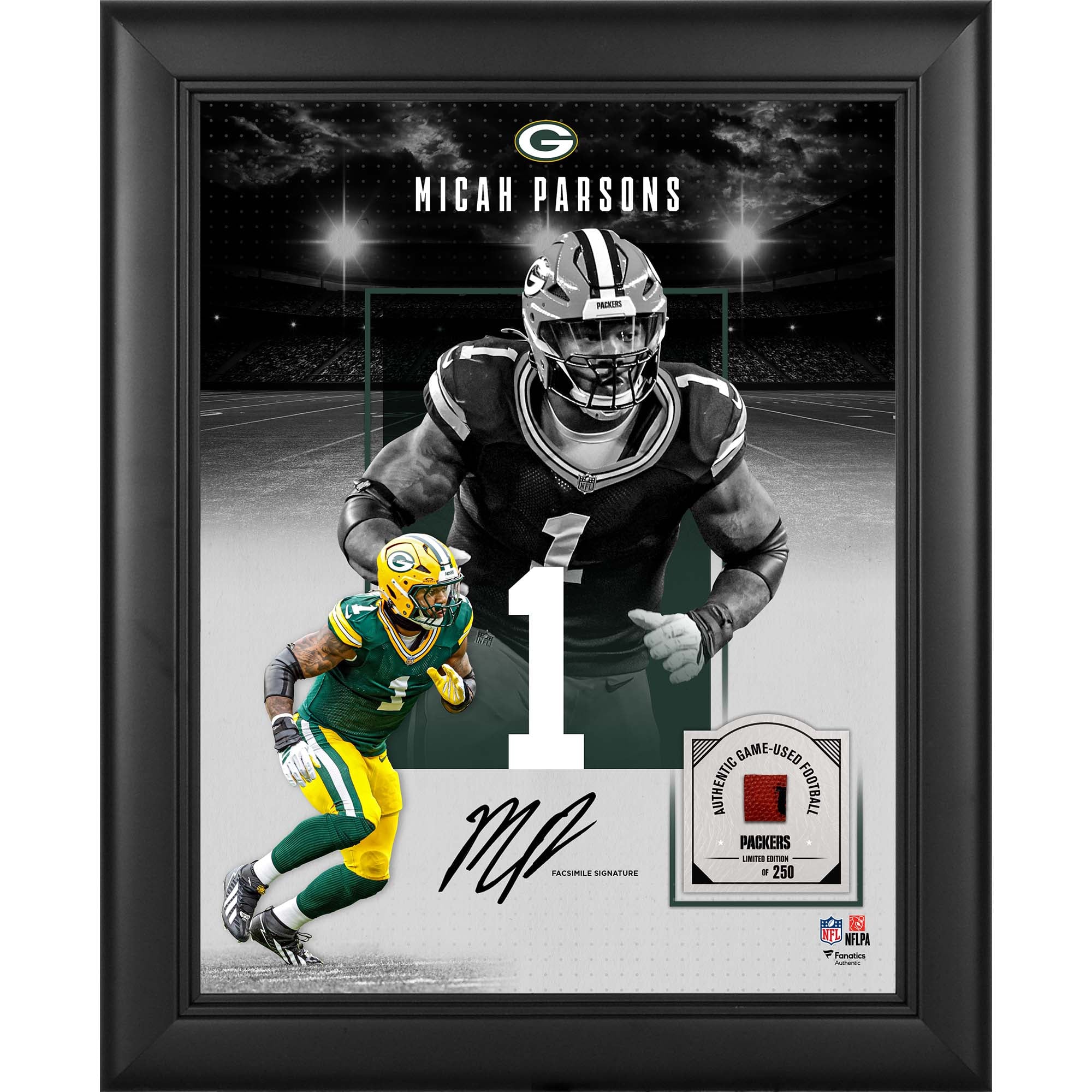 Collage encadré 11" x 14" avec la signature fac-similé de Micah Parsons (Green Bay Packers) et un morceau de ballon de football américain utilisé lors d'un match - Édition limitée à 250 exemplaires
