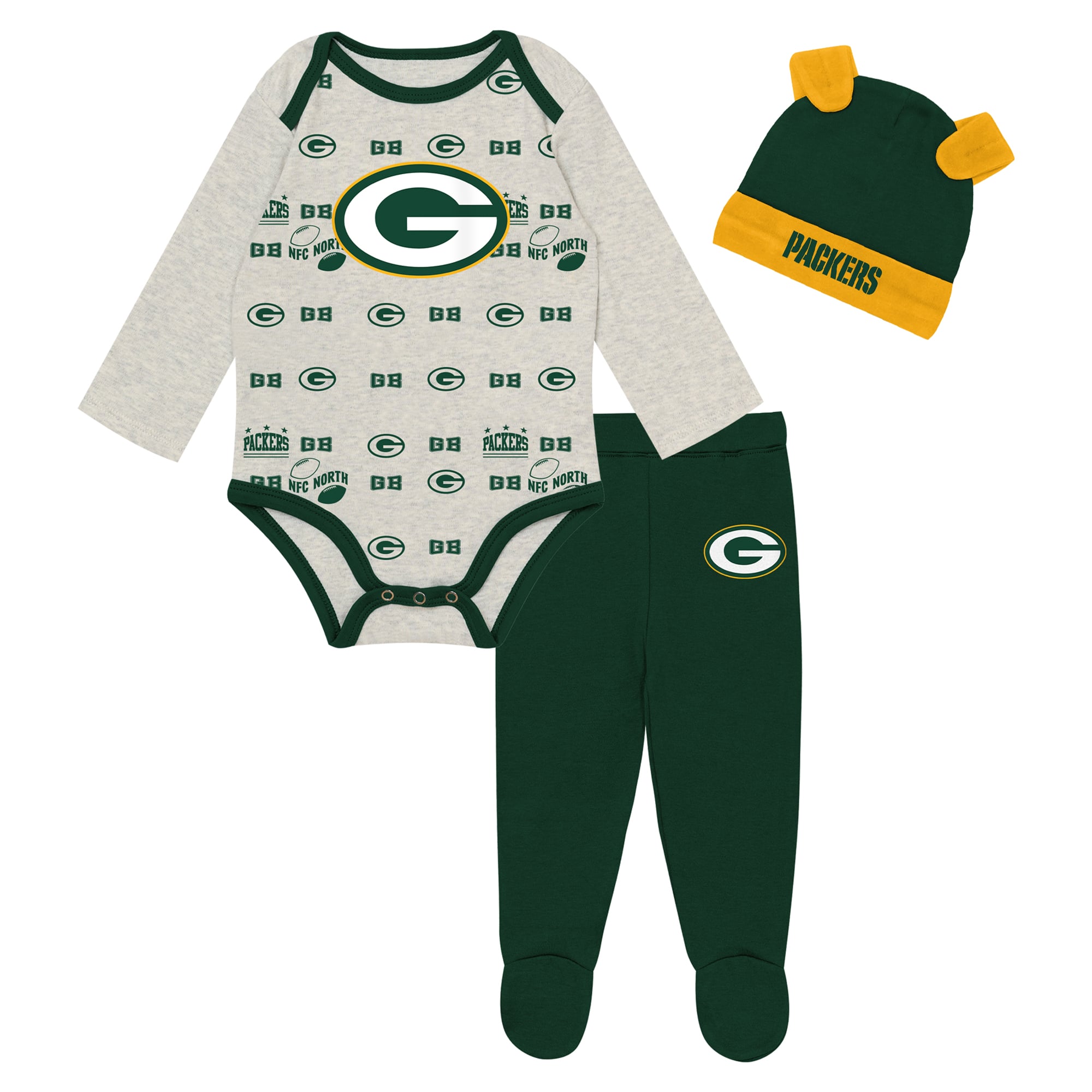 Ensemble pantalon et bonnet 3 pièces Green Bay Packers Huddles & Giggles pour nouveau-né Outerstuff, gris chiné