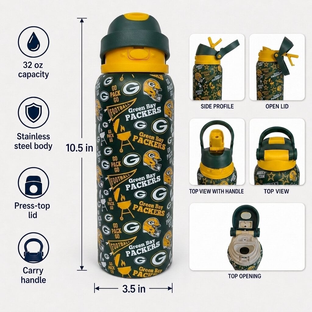 Gourde Pegasus Green Bay Packers 32 oz, fanion de match, en acier inoxydable ProPress