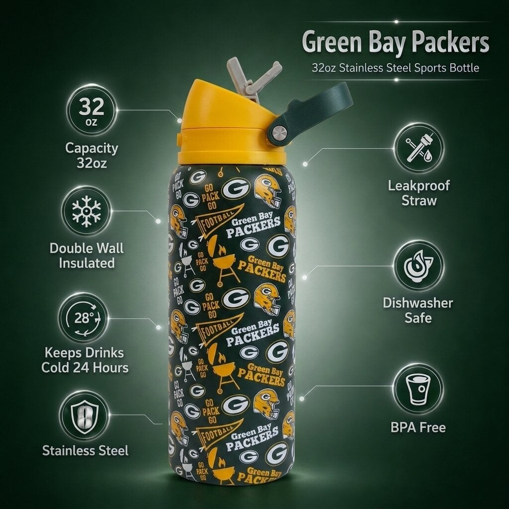 Gourde Pegasus Green Bay Packers 32 oz, fanion de match, en acier inoxydable ProPress