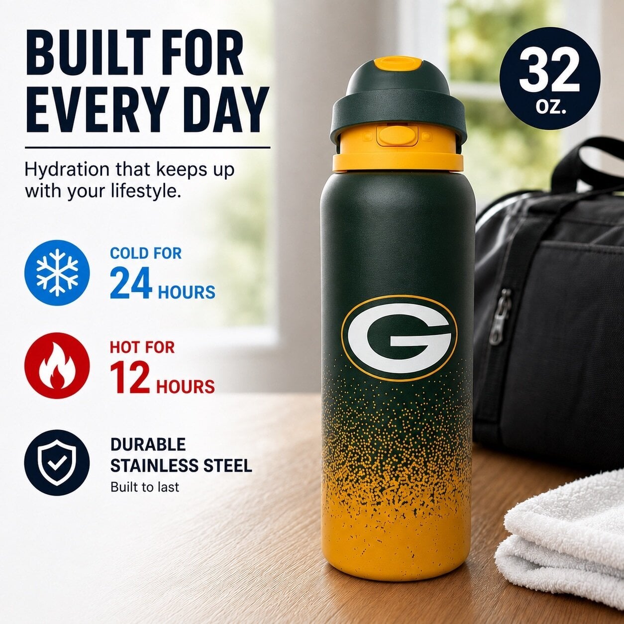 Gourde Pegasus Green Bay Packers 946 ml (32 oz) en acier inoxydable dégradé ProFlow